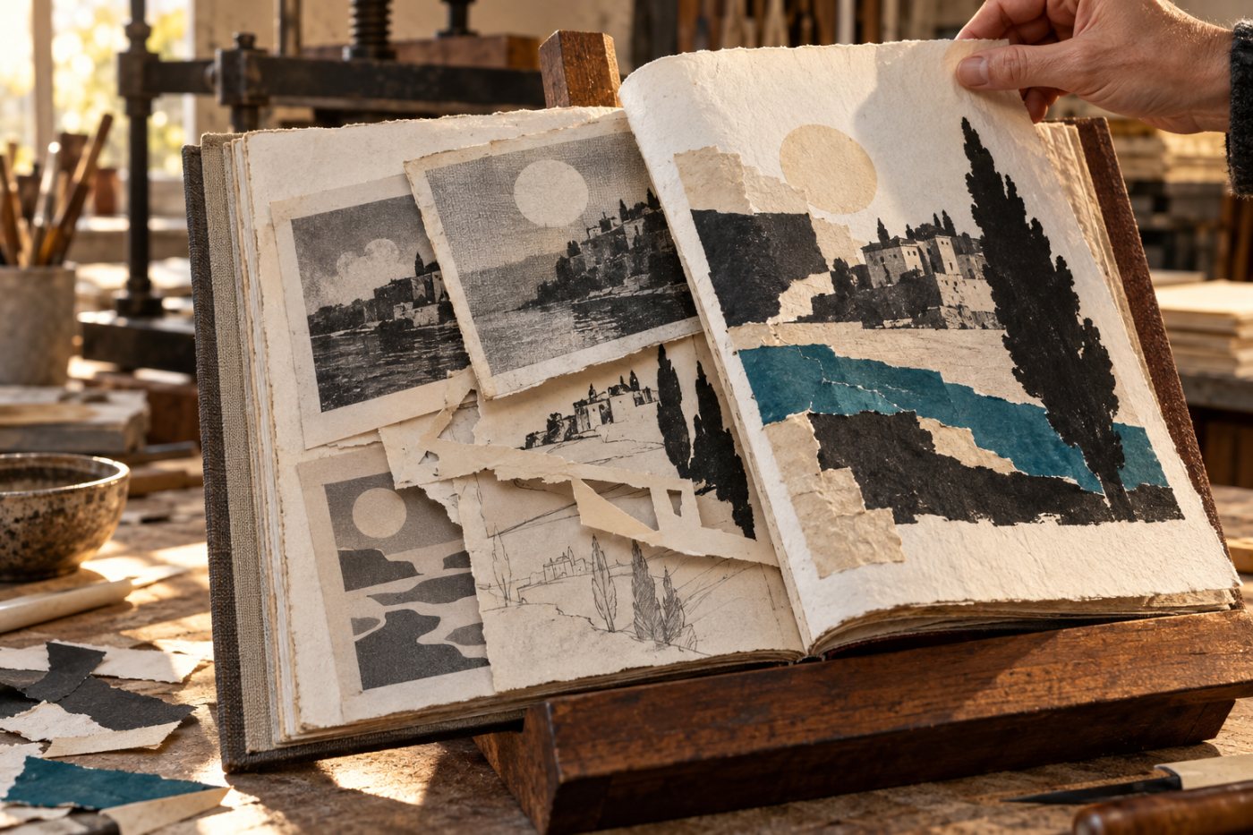 Étapes intermédiaires d’un livre d’artiste, de la sortie générée aux transformations et à la composition finale.