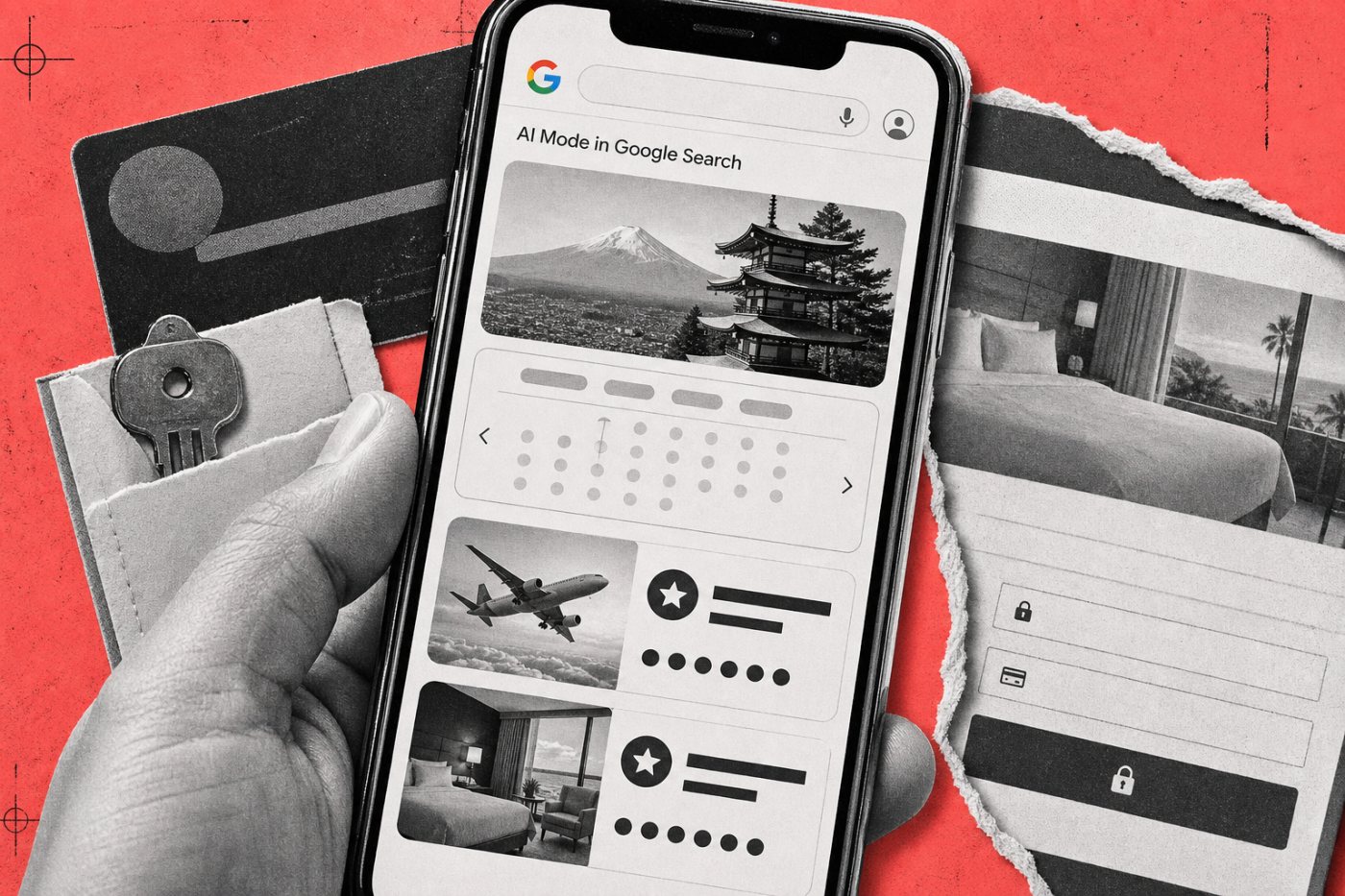 AI Modeで旅行条件と会員プログラムを指定し、航空便やホテルの必要ポイント数を比較する流れ