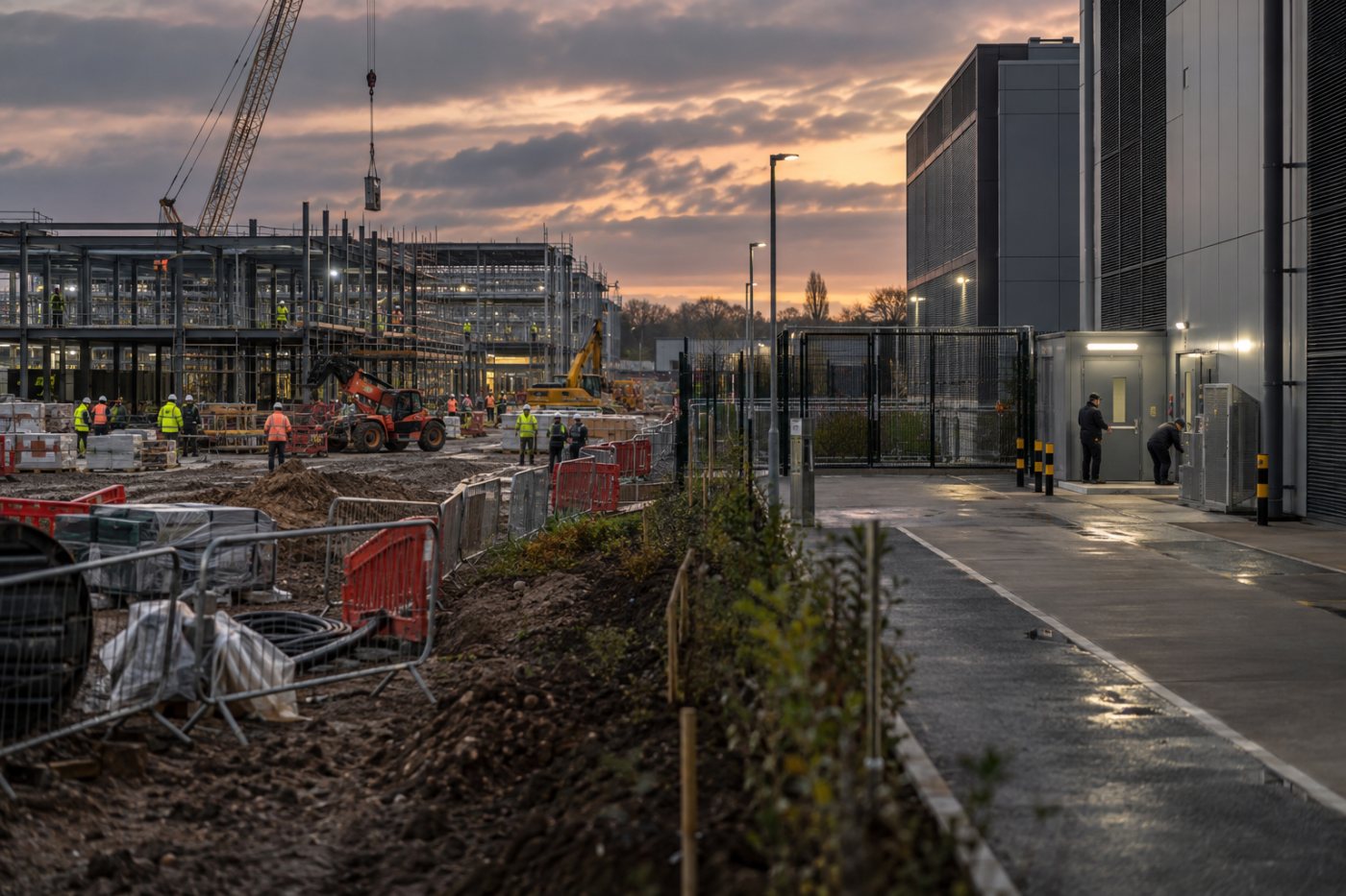Obras de um data center britânico contrastam empregos temporários da construção com uma equipe permanente menor de operação.