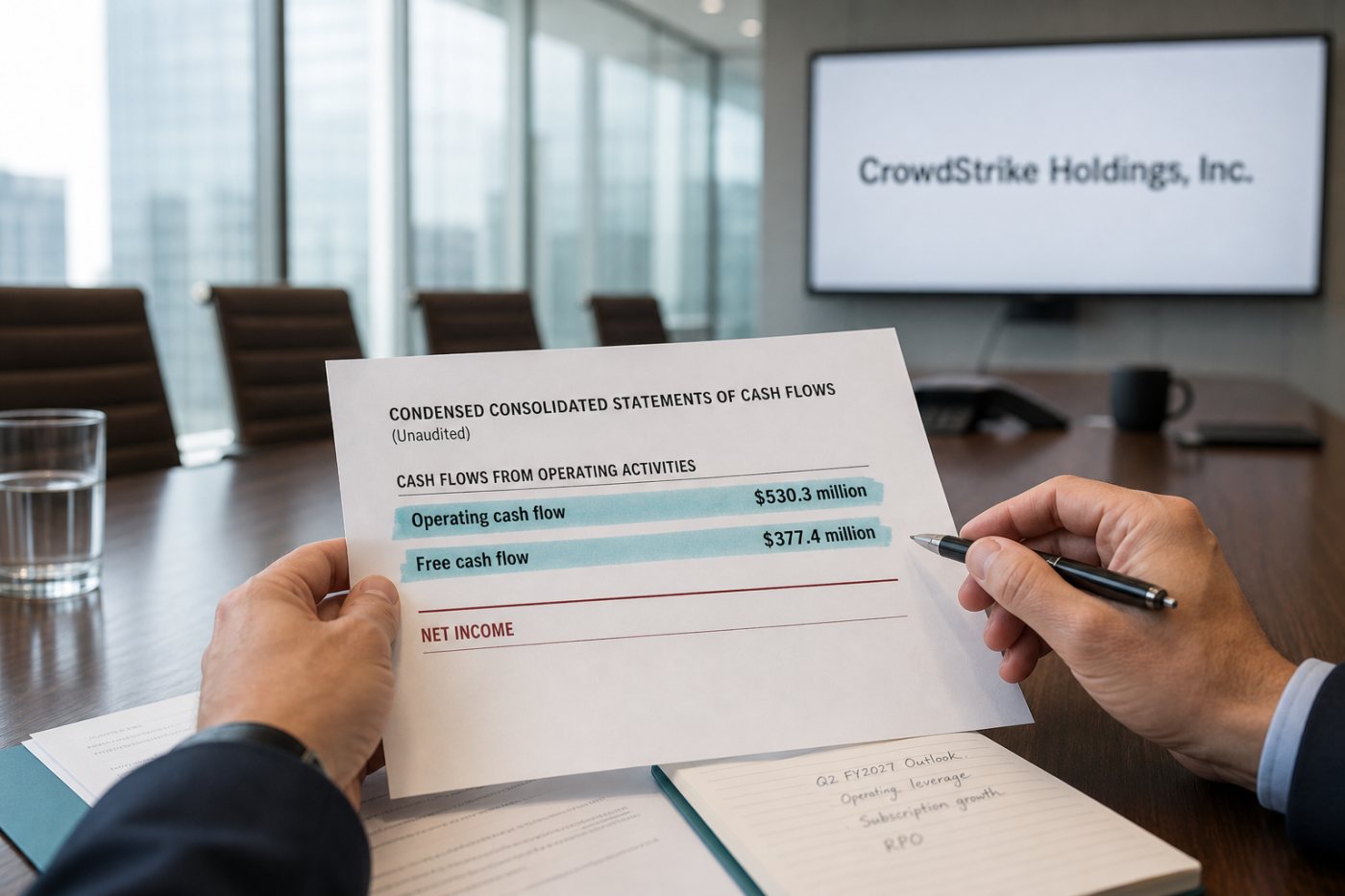 CrowdStrike sépare 530,3 millions de dollars de trésorerie opérationnelle et 377,4 millions de flux disponible du résultat net.