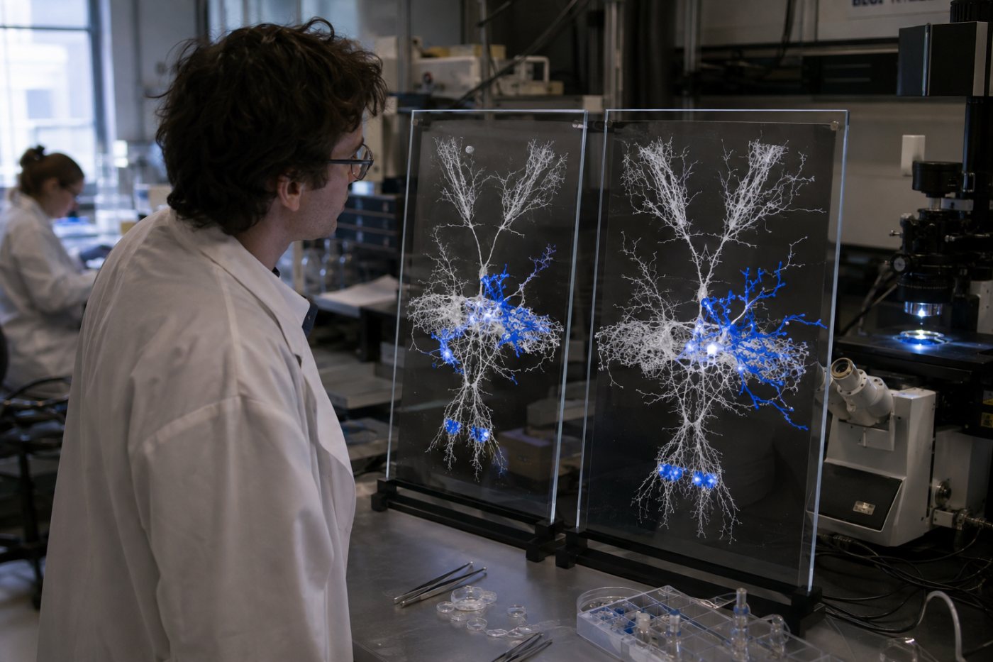 Perbandingan neuron Drosophila jantan dan betina memperlihatkan cabang dimorfik di antara jalur yang serupa.