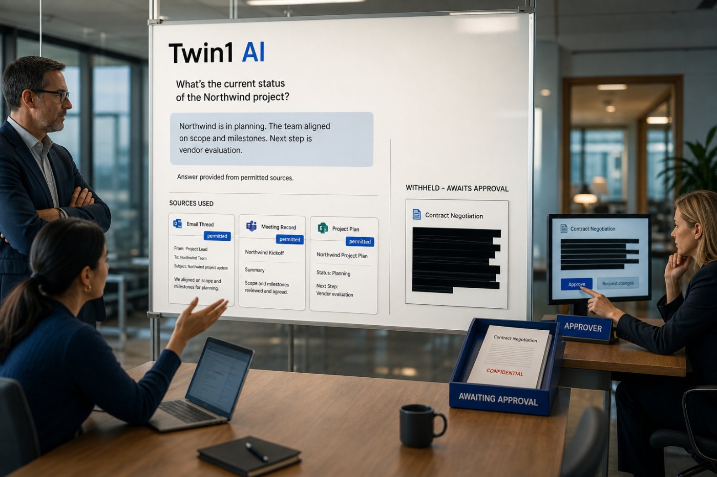 Una consulta entre equipos recibe solo el contexto autorizado mientras Twin1 retiene datos sensibles para aprobación humana.