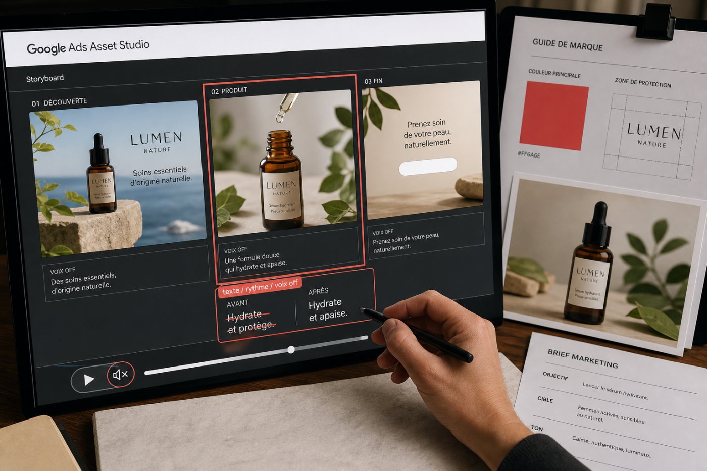 Google Ads Asset Studio transforme un brief et des ressources de marque en storyboard vidéo corrigé scène par scène.