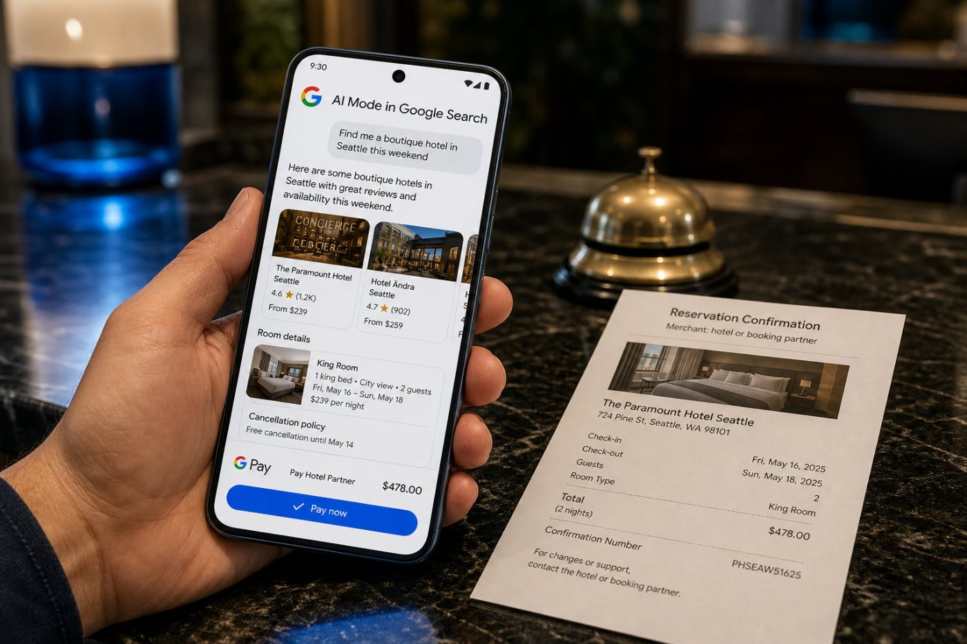 AI Mode से होटल चयन और Google Pay भुगतान के बाद भागीदार व्यापारी की आरक्षण जिम्मेदारी
