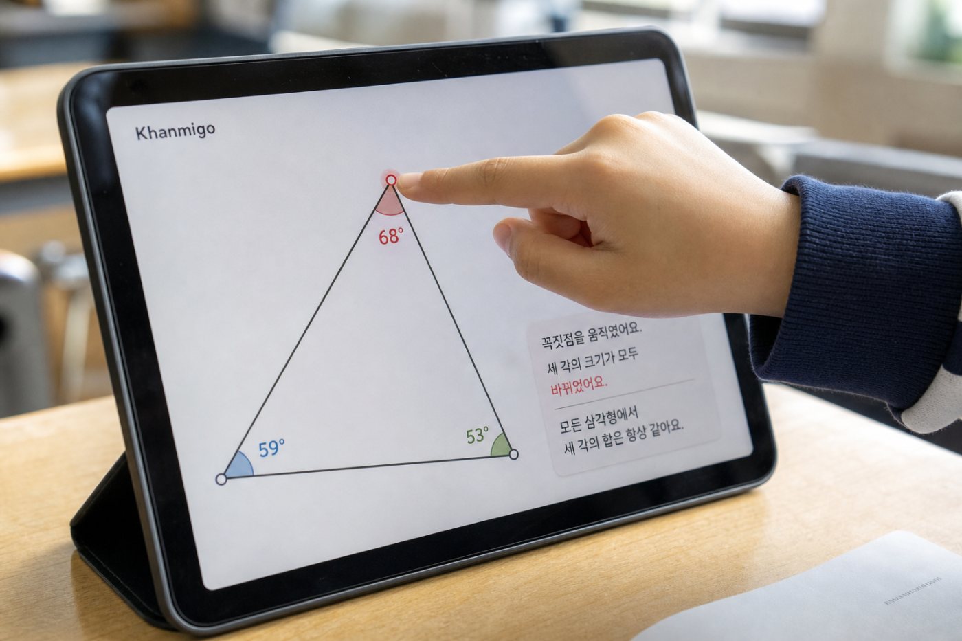 학생이 Khanmigo 수학 도식의 꼭짓점을 움직이자 시각 관계와 설명이 함께 바뀌는 과정