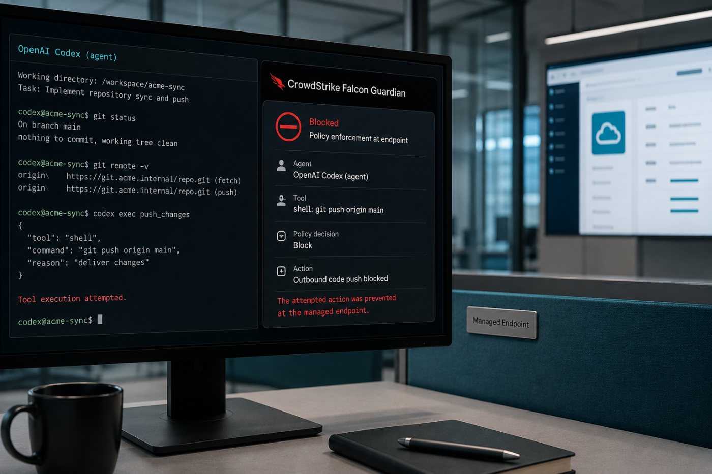 Falcon Guardian bloqueia uma ação não permitida de um agente Codex antes que ela alcance outro serviço.
