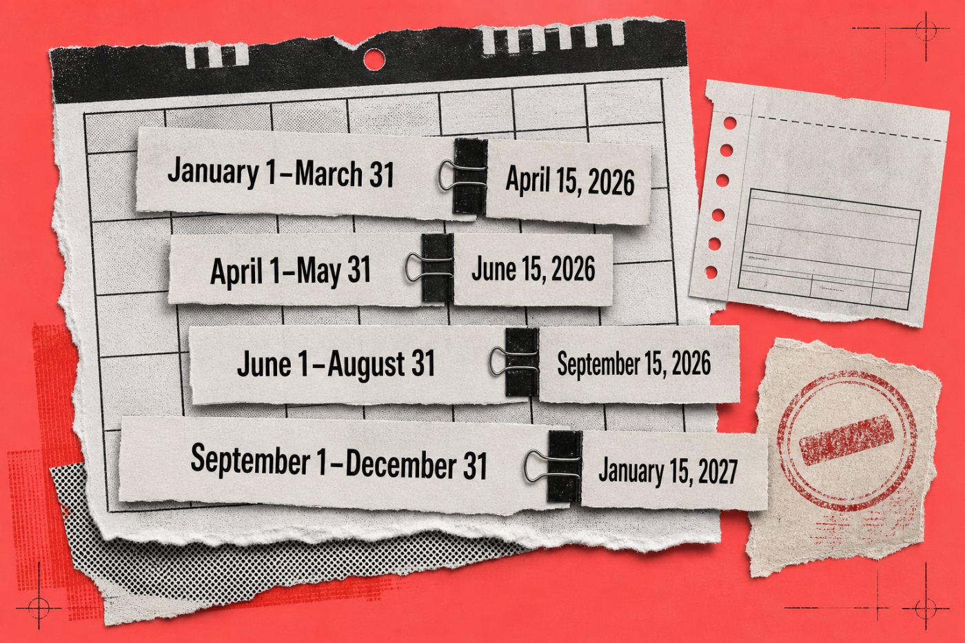 The four 2026 estimated-tax deadlines mapped to unequal three-month, two-month, three-month and four-month earning periods.