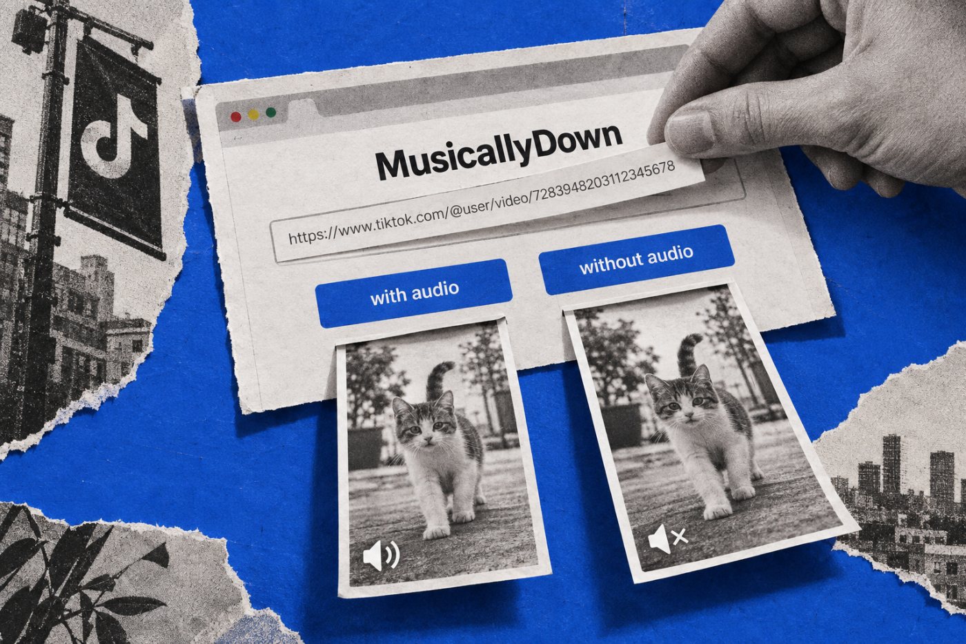Alur MusicallyDown memproses URL video TikTok menjadi pilihan unduhan dengan atau tanpa suara.