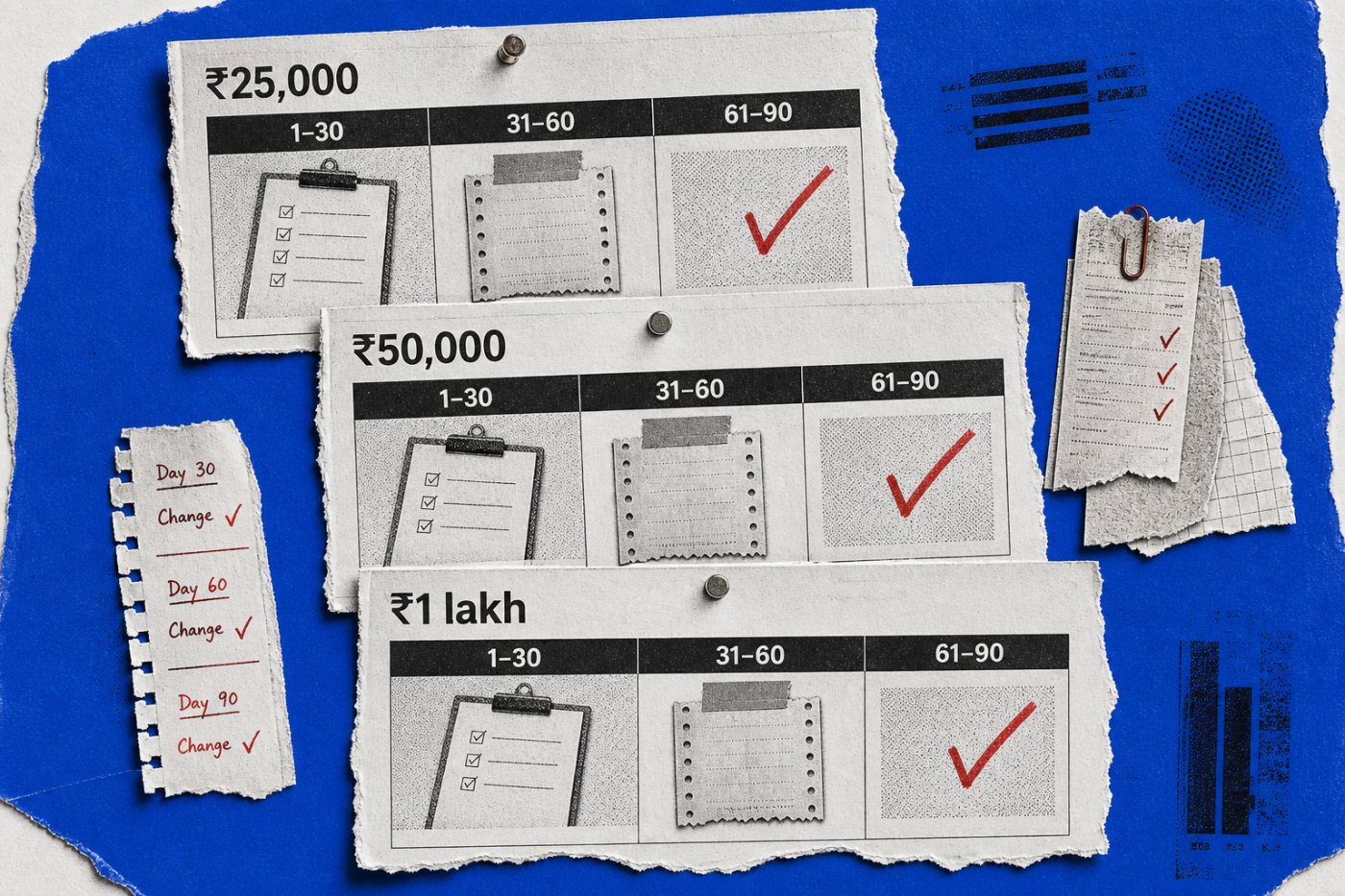 ₹25,000, ₹50,000 और ₹1 लाख के उदाहरण बजटों का मापन, एक भुगतान परीक्षण और प्रमाणित विस्तार में विभाजन