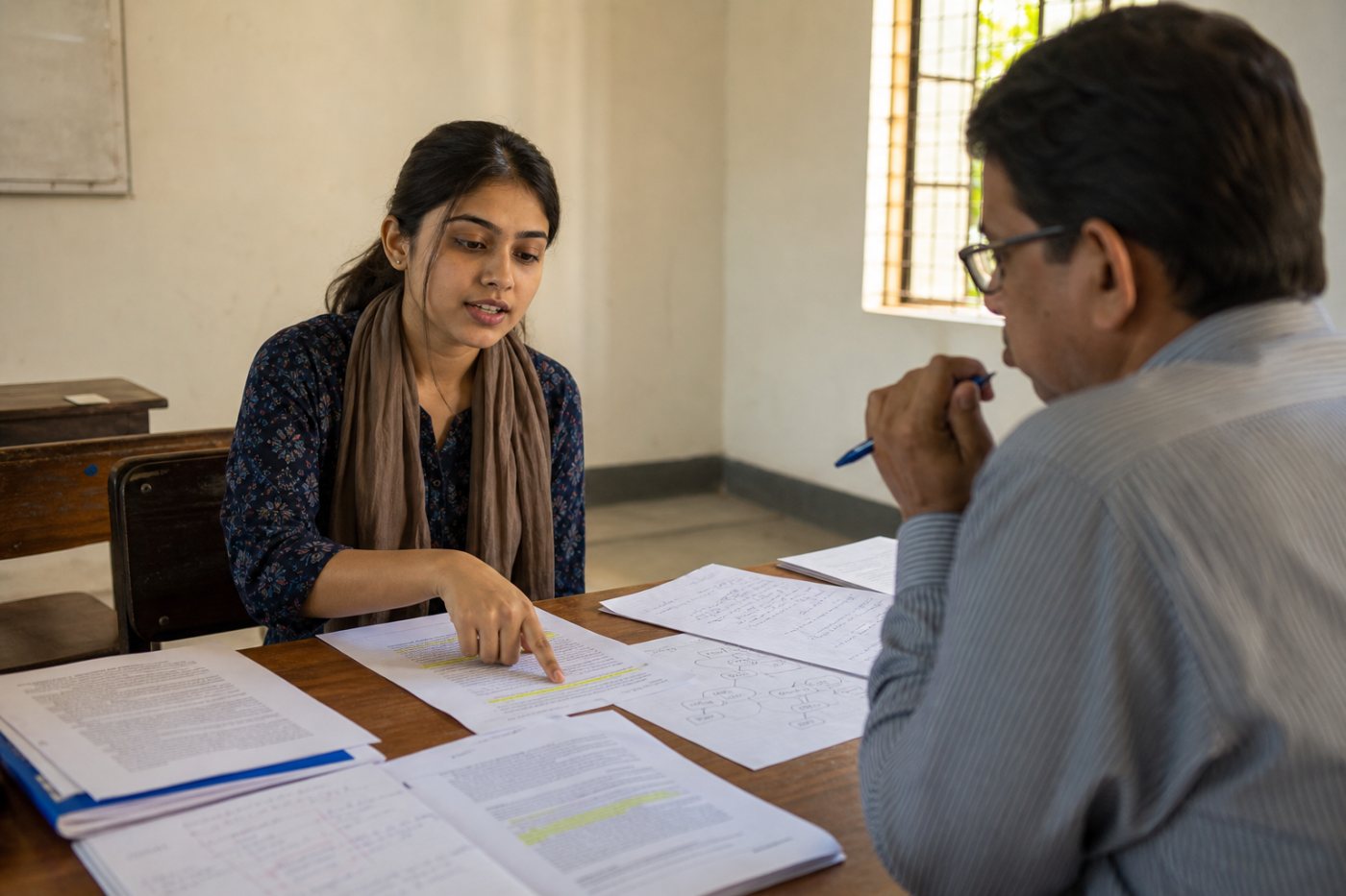 সংক্ষিপ্ত oral defense-এ শিক্ষার্থী evidence, কার্যকারণ সম্পর্ক, দুর্বলতা ও বিকল্প ব্যাখ্যার প্রভাব বোঝাচ্ছে
