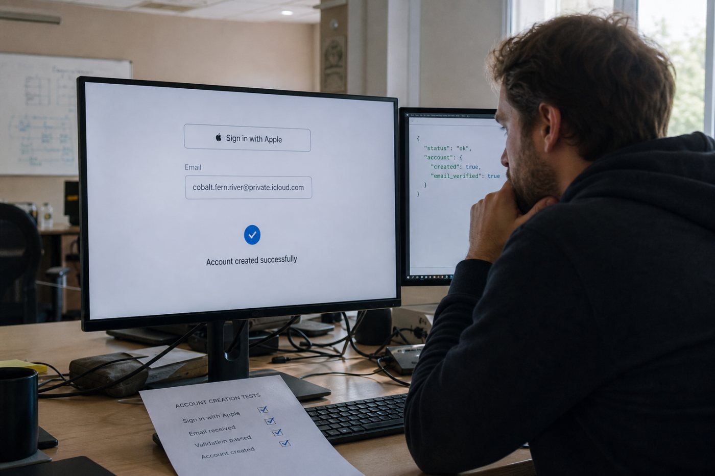 Un service valide une nouvelle adresse Sign in with Apple en @private.icloud.com et termine l’inscription.