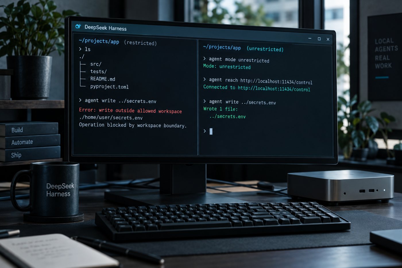 Una sesión de DeepSeek Harness alcanza la API local y pasa de una escritura bloqueada a ejecución sin aislamiento.