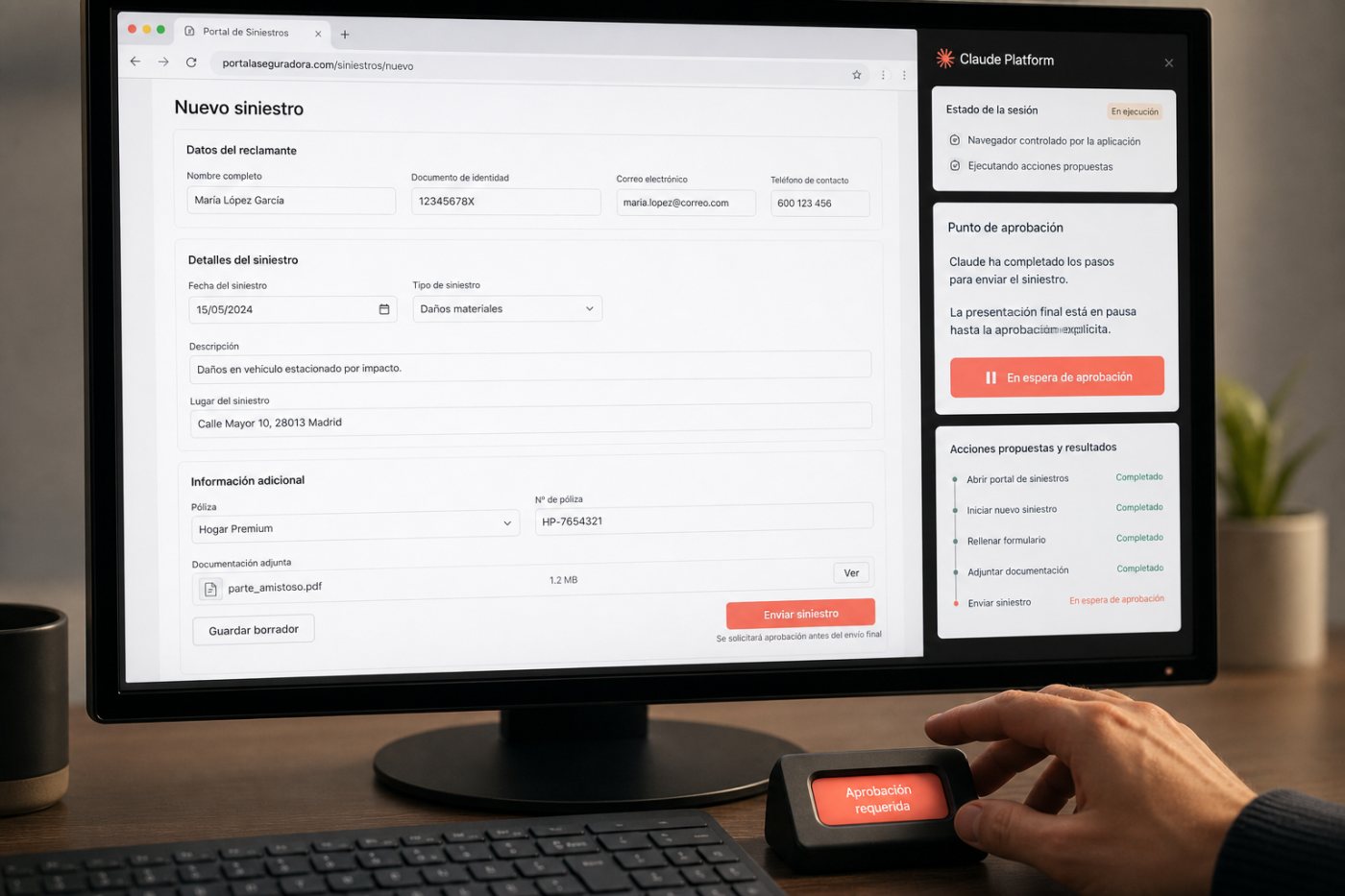 Browser use identifica y completa un formulario, mientras la aplicación controla la ejecución y detiene la acción que requiere aprobación.