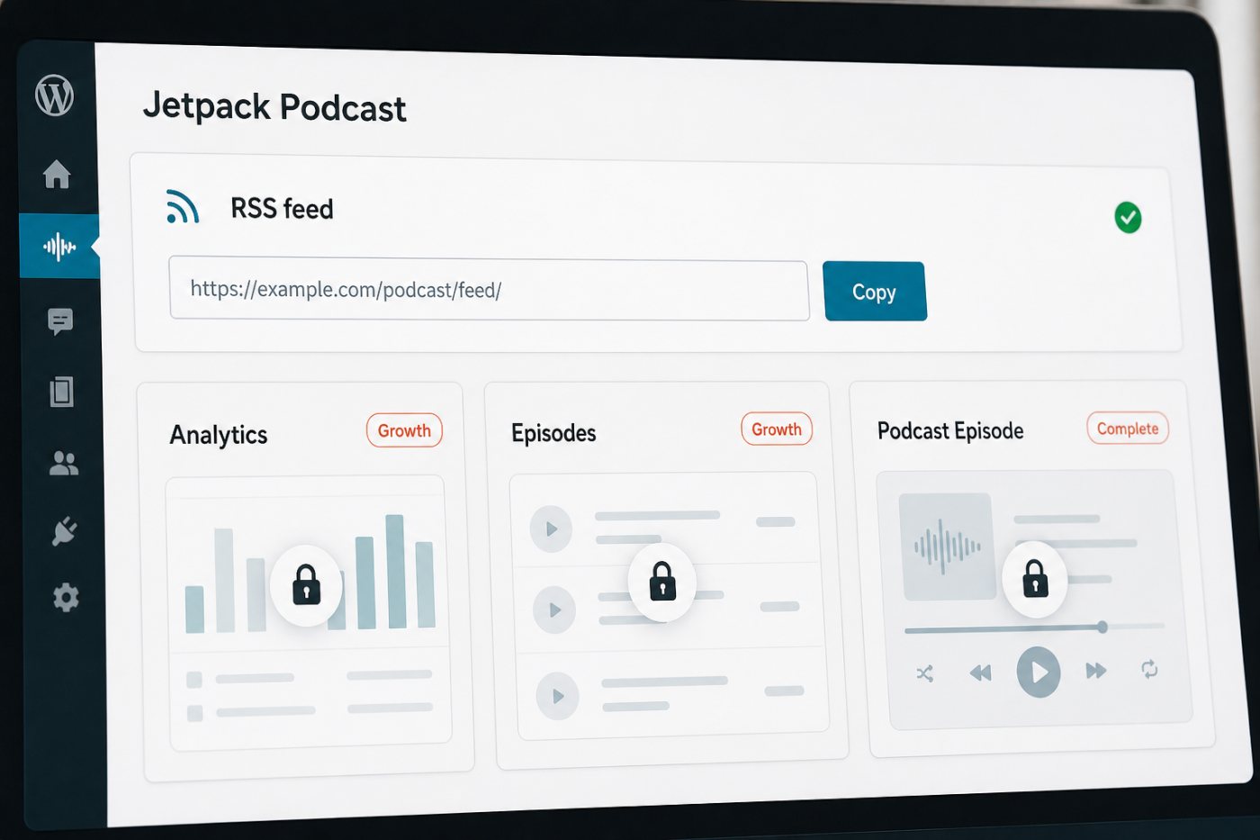 Jetpack Podcast phân tách xuất bản RSS cơ bản với thống kê và quản lý tập thuộc gói trả phí.