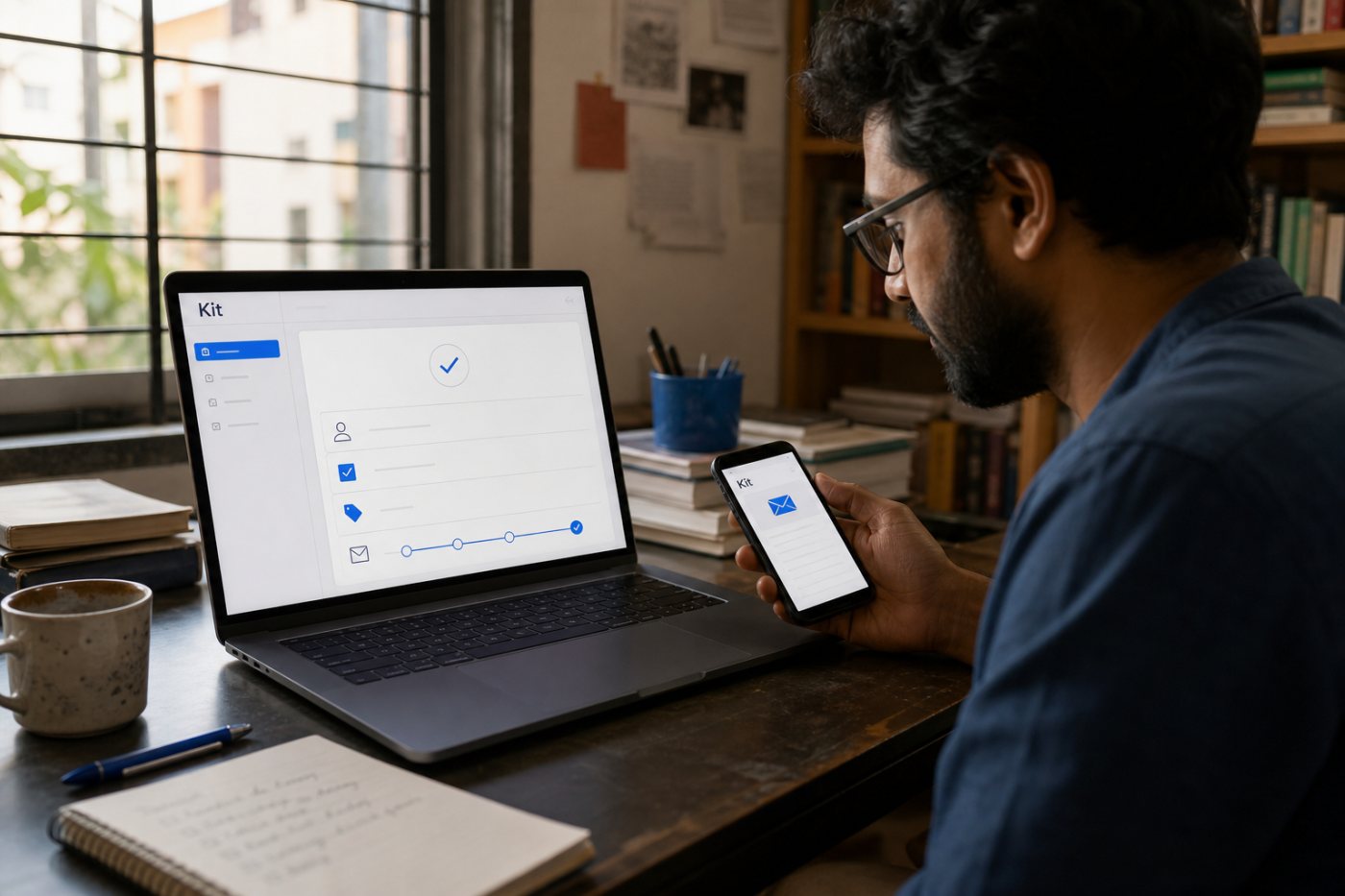 Kit landing page থেকে consent-সহ subscriber একটি tagged welcome automation-এ যুক্ত হচ্ছে