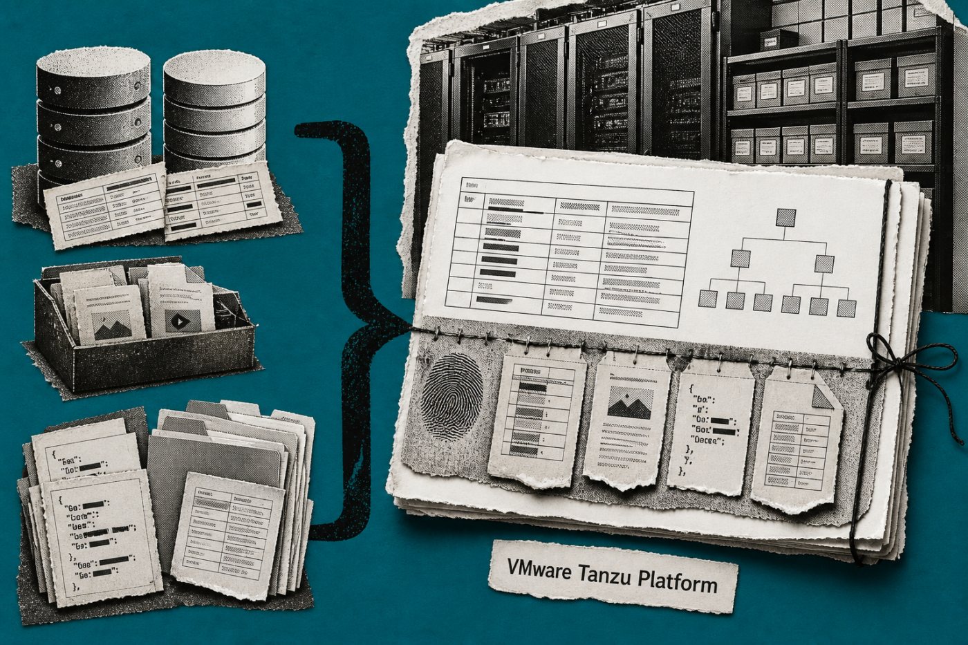 مختلف enterprise data اپنی جگہ موجود ہے اور Tanzu کی federated query سے lineage والا curated data product بنتا ہے۔
