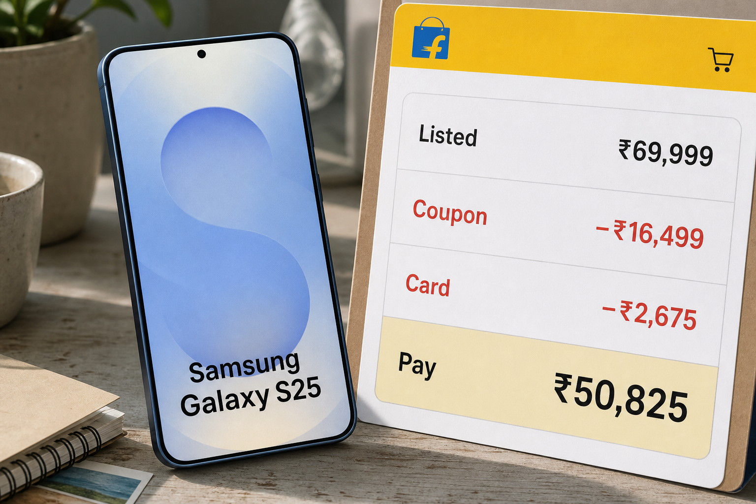 Samsung Galaxy S25 के उत्पाद पृष्ठ पर कूपन और बैंक कार्ड छूट के बाद ₹50,825 की प्रभावी कीमत