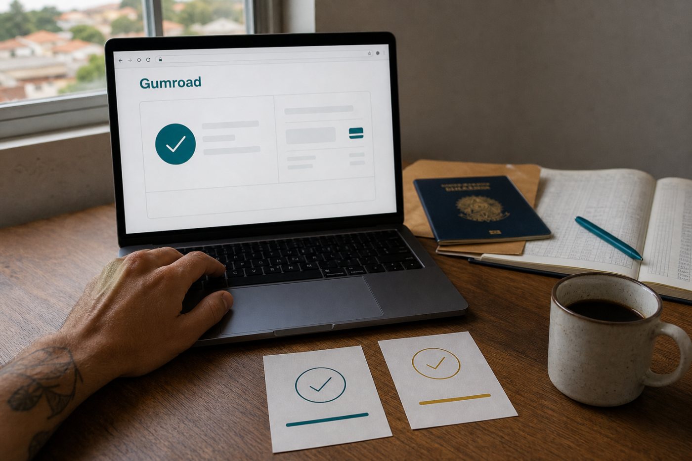 Gumroad cuidando dos tributos indiretos de uma venda internacional enquanto a origem direta ou Discover é avaliada separadamente.