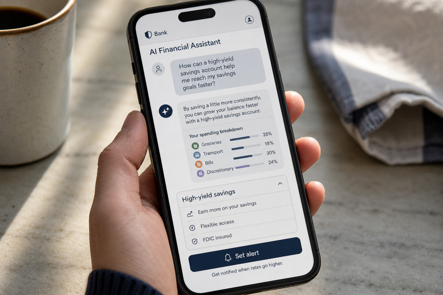 A bank AI assistant turns spending data into a savings response and controlled account action