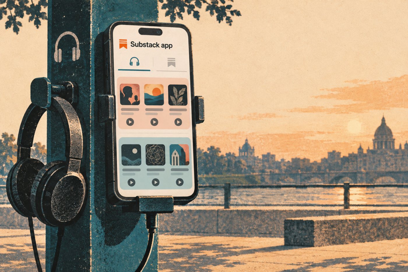 SubstackアプリでPodcastタブとReadタブが分かれ、購読番組と新しい番組への入口が示されている