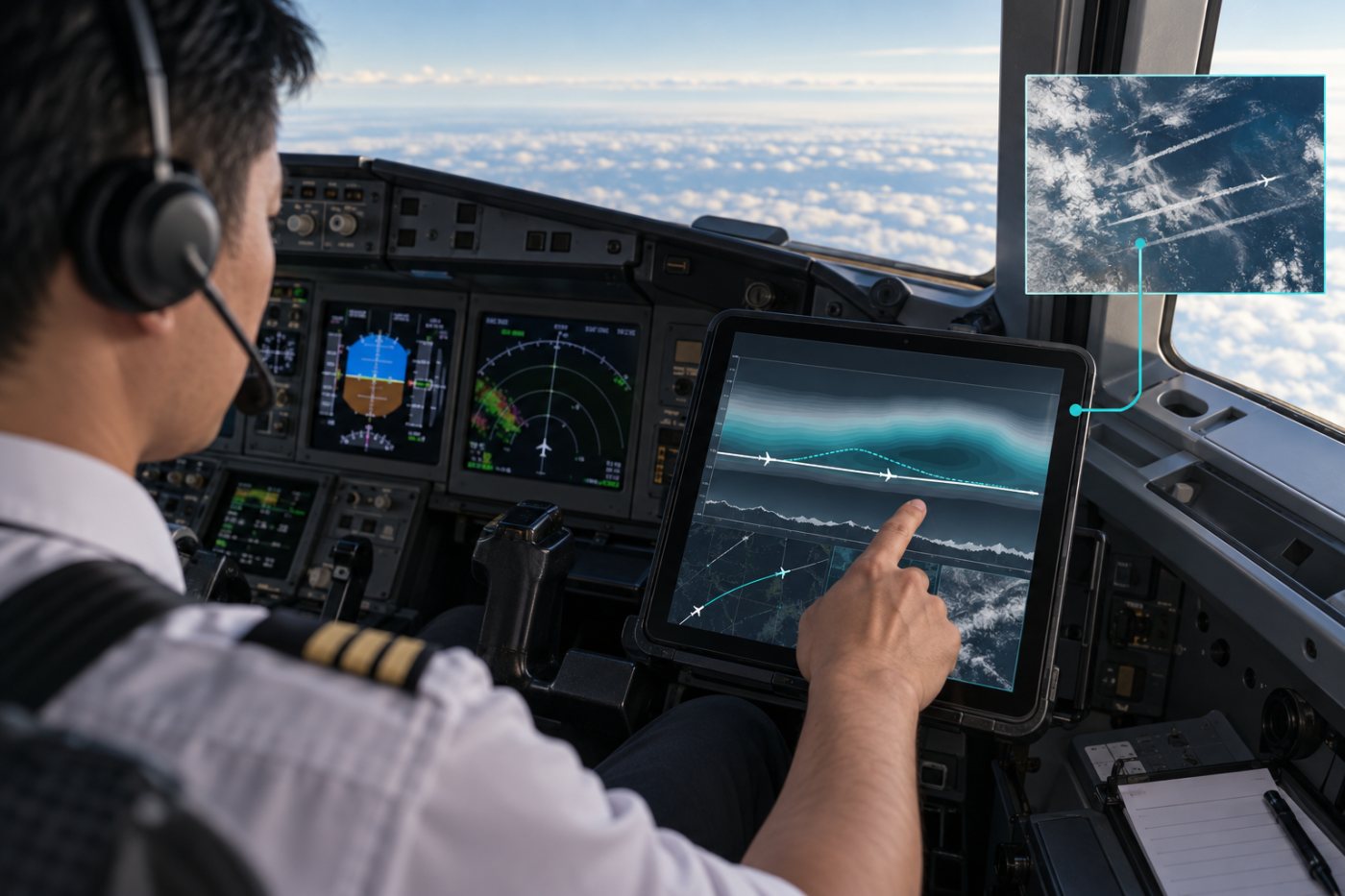 Cathay Pacific-এর cockpit-এ স্বাভাবিক operational তথ্যের সঙ্গে Google-এর dynamic contrail forecast পর্যালোচনা