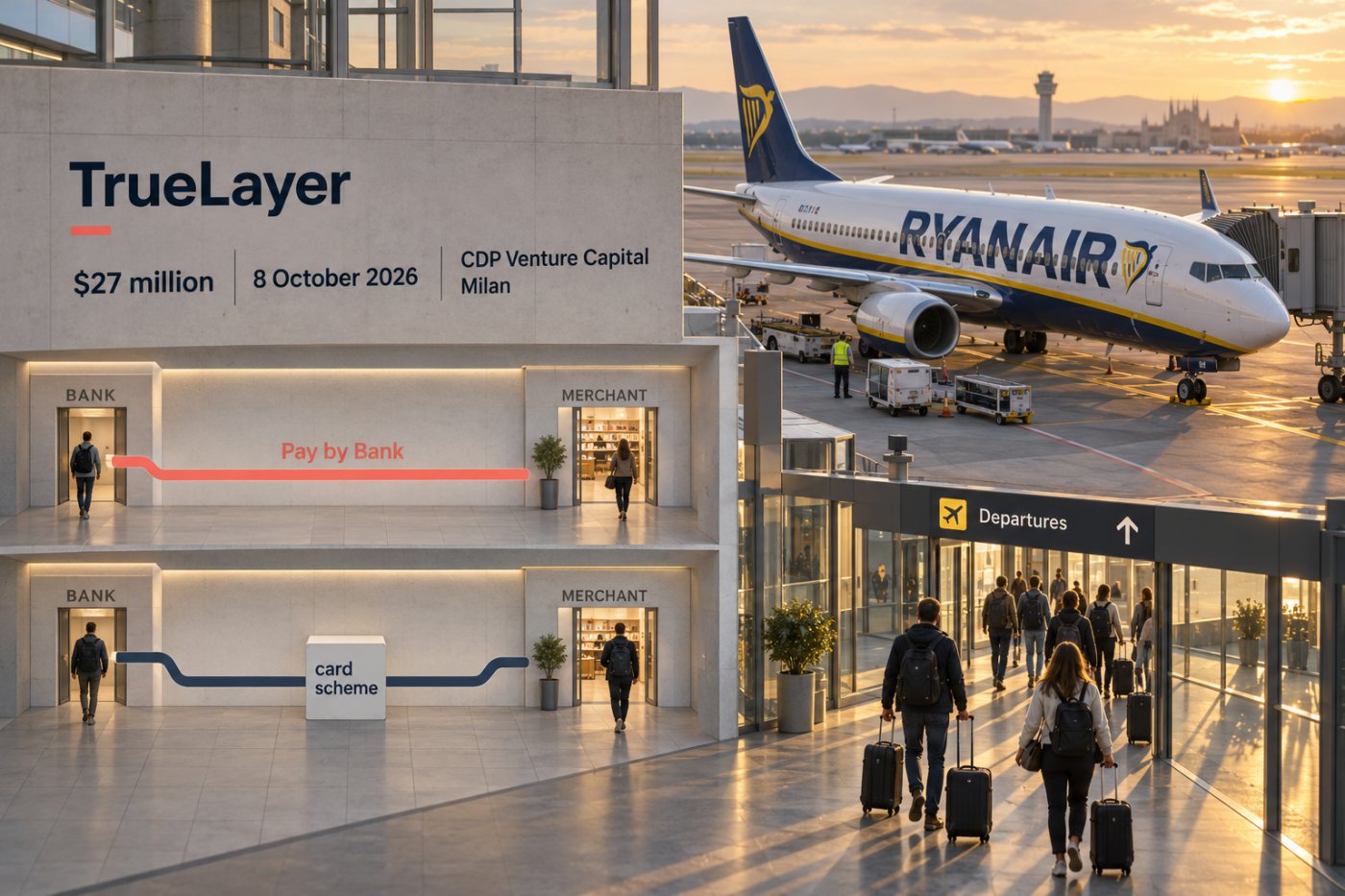 Самолет на Ryanair напомня за един от посочените бизнес клиенти в платежната мрежа на TrueLayer.