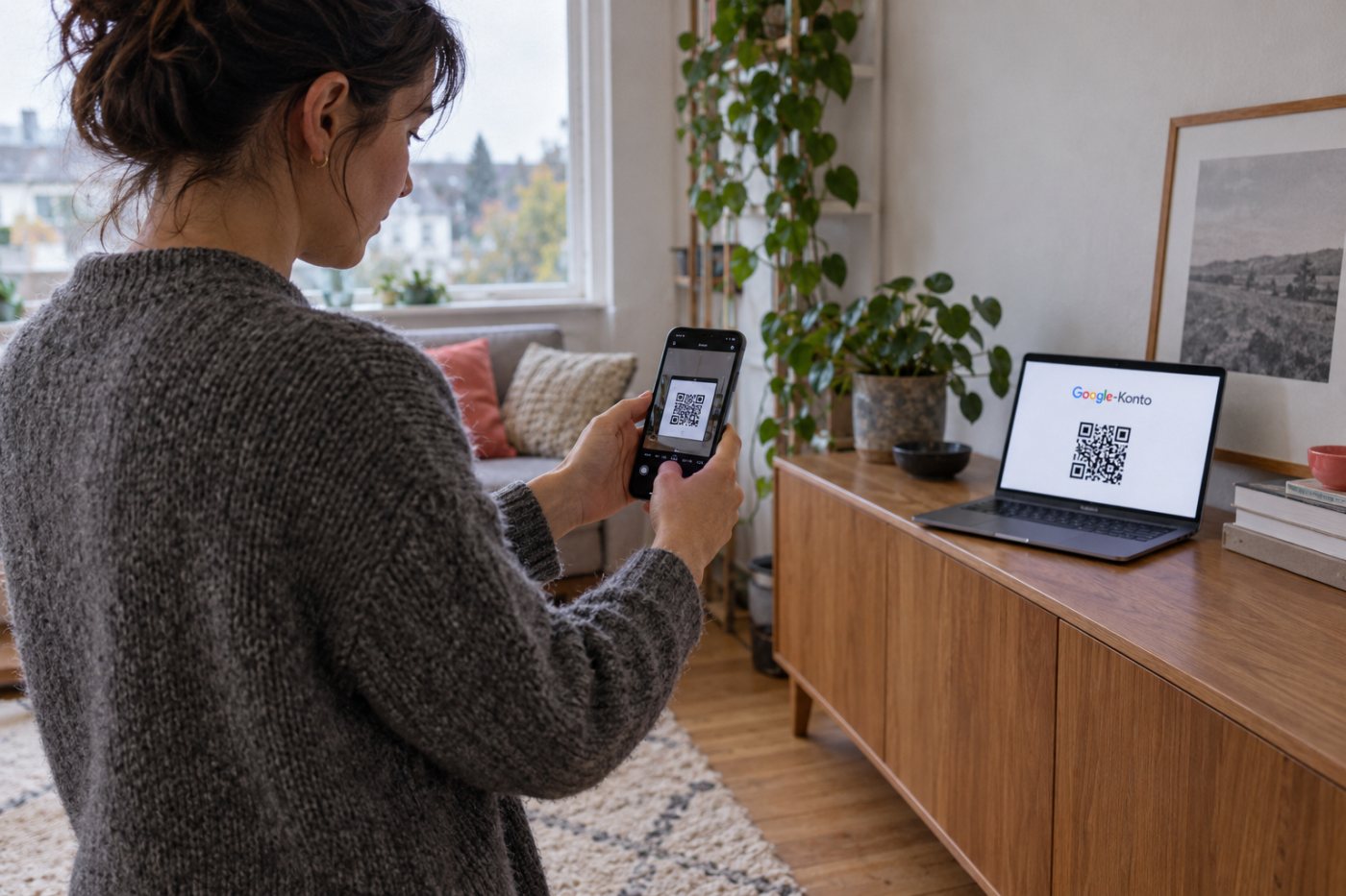 Ein Smartphone scannt den QR-Code für die Google-Konto-Anmeldung am Computer und bestätigt den Passkey auf dem Telefon.