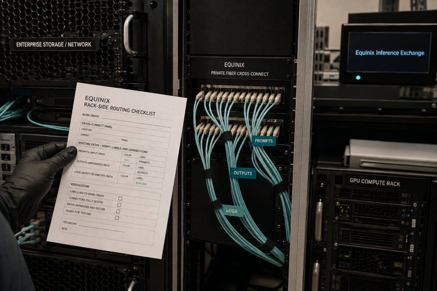 企業データとAI計算設備をEquinix Fabricで閉域接続し、推論処理とログの所在地を確認する運用工程