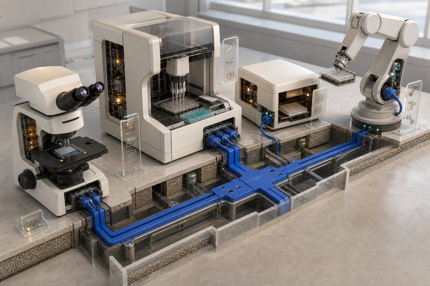 MHS کے ذریعے خوردبین، liquid handler، plate reader اور robotic arm کی دریافت اور مشترک workflow میں شمولیت
