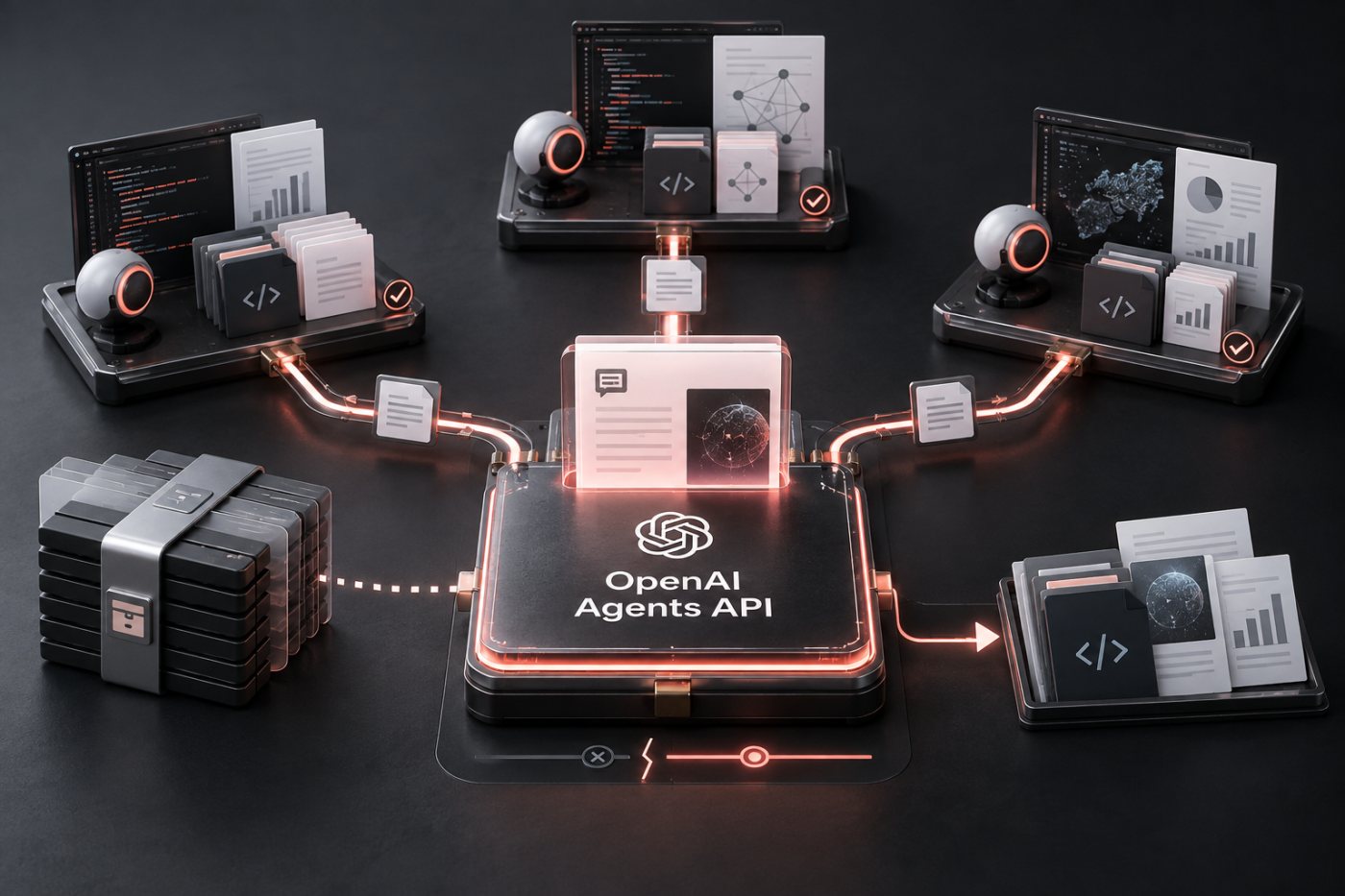 Сеанс OpenAI Agents API распределяет задачу между подагентами, сохраняет контекст и объединяет результаты после восстановления.