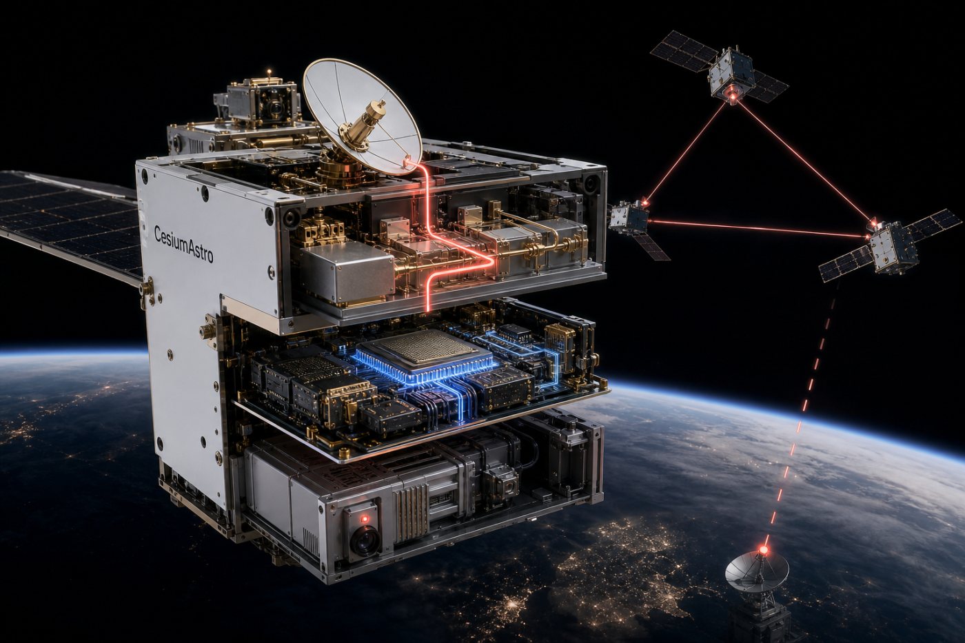 CesiumAstro combines RF semiconductor processing, onboard AI analysis and mission software coordination in one space system.
