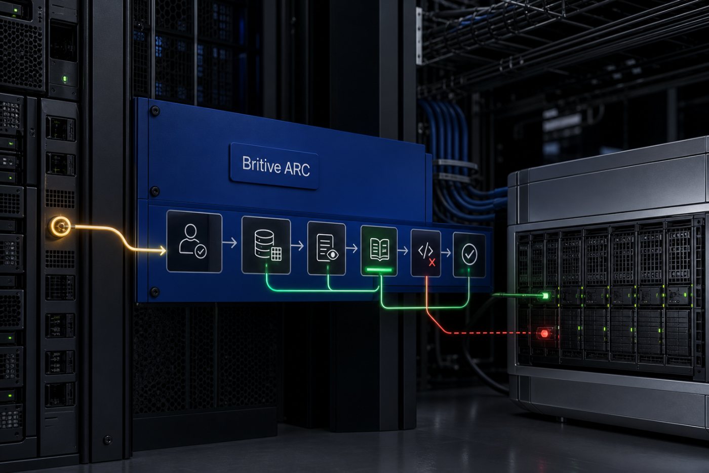 A production-database request passes through Britive ARC verification, assessment, temporary authorization, observation and revocation.