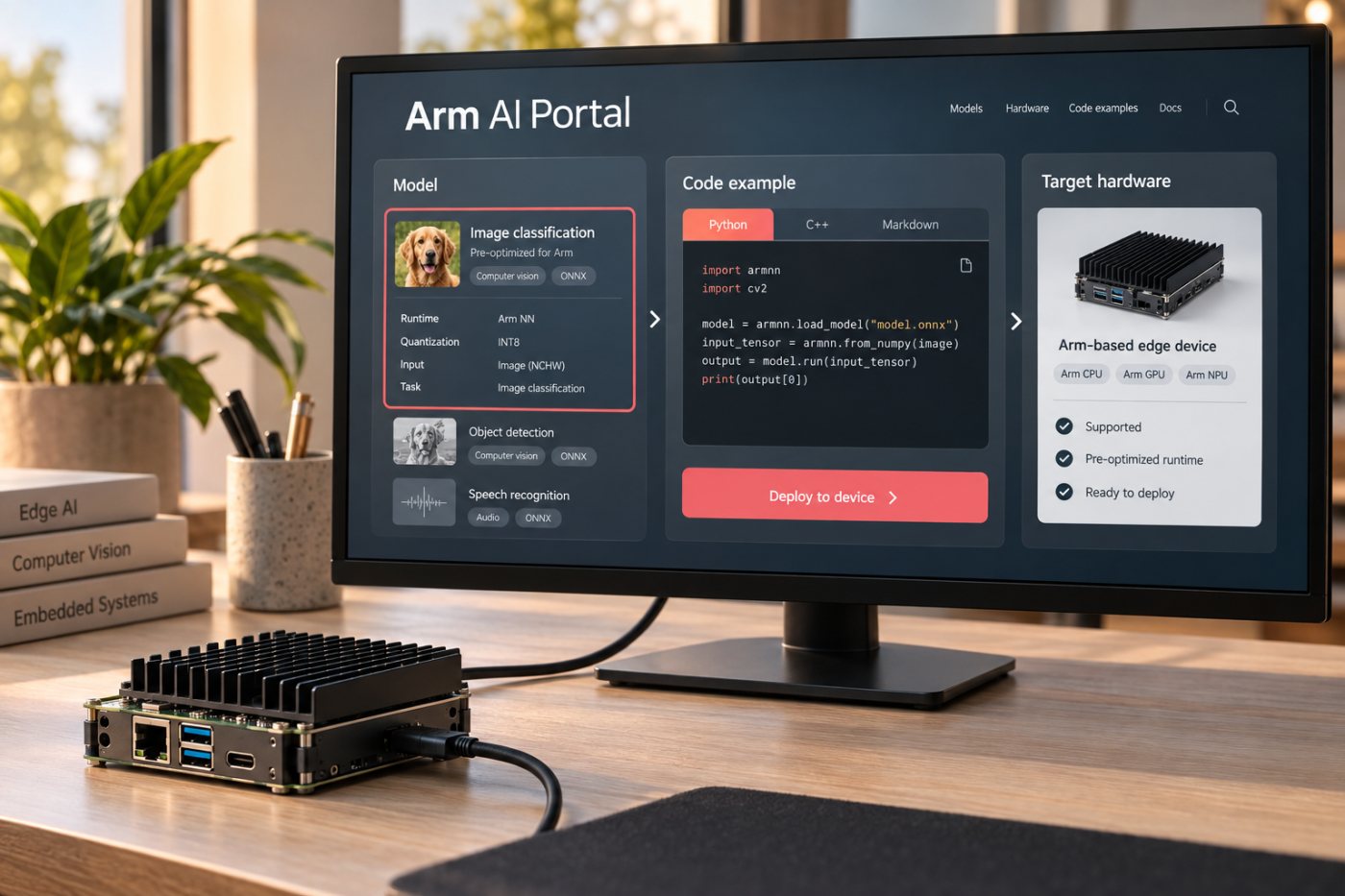 Un modèle préoptimisé sélectionné dans Arm AI Portal avec son code de déploiement et sa cible matérielle Arm.