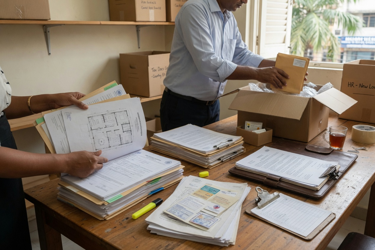Setting up a new office location with paperwork and equipment