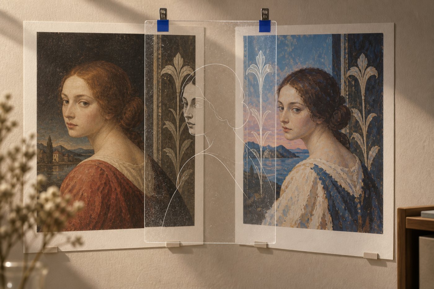 AI生成作品と既存作品を重ね、特徴的な構図と造形の一致を確認する比較工程