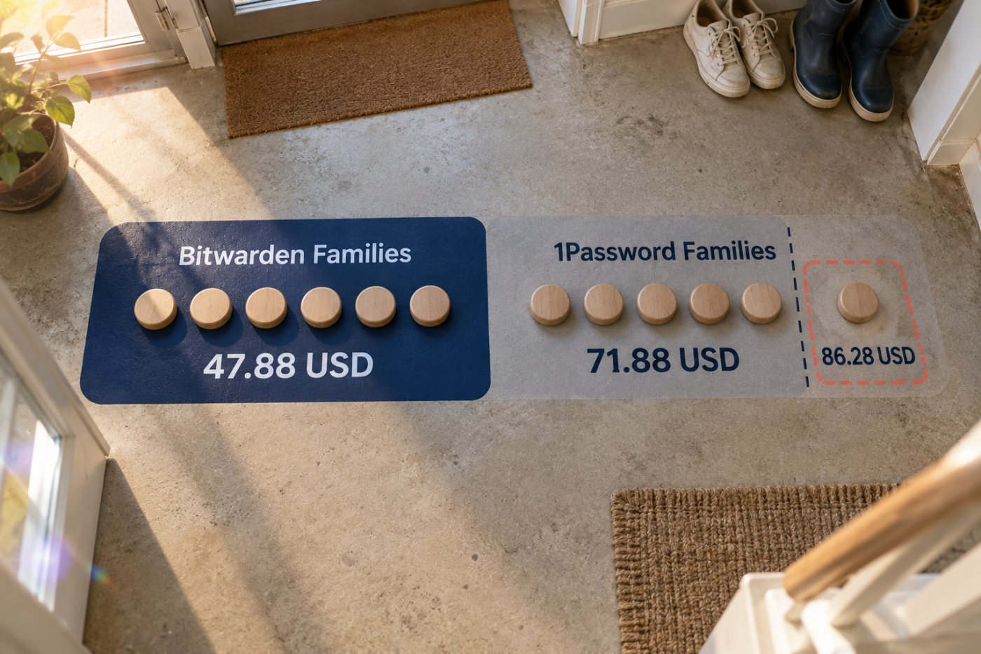 „Bitwarden Families“ šešiems kainuoja 47,88 USD per metus, o „1Password Families“ su papildomu šeštu nariu – 86,28 USD.