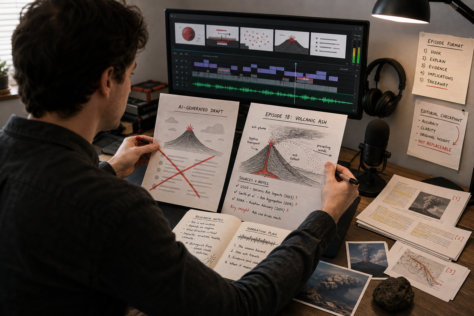 A creator assembles an original faceless explainer with unique research and visuals
