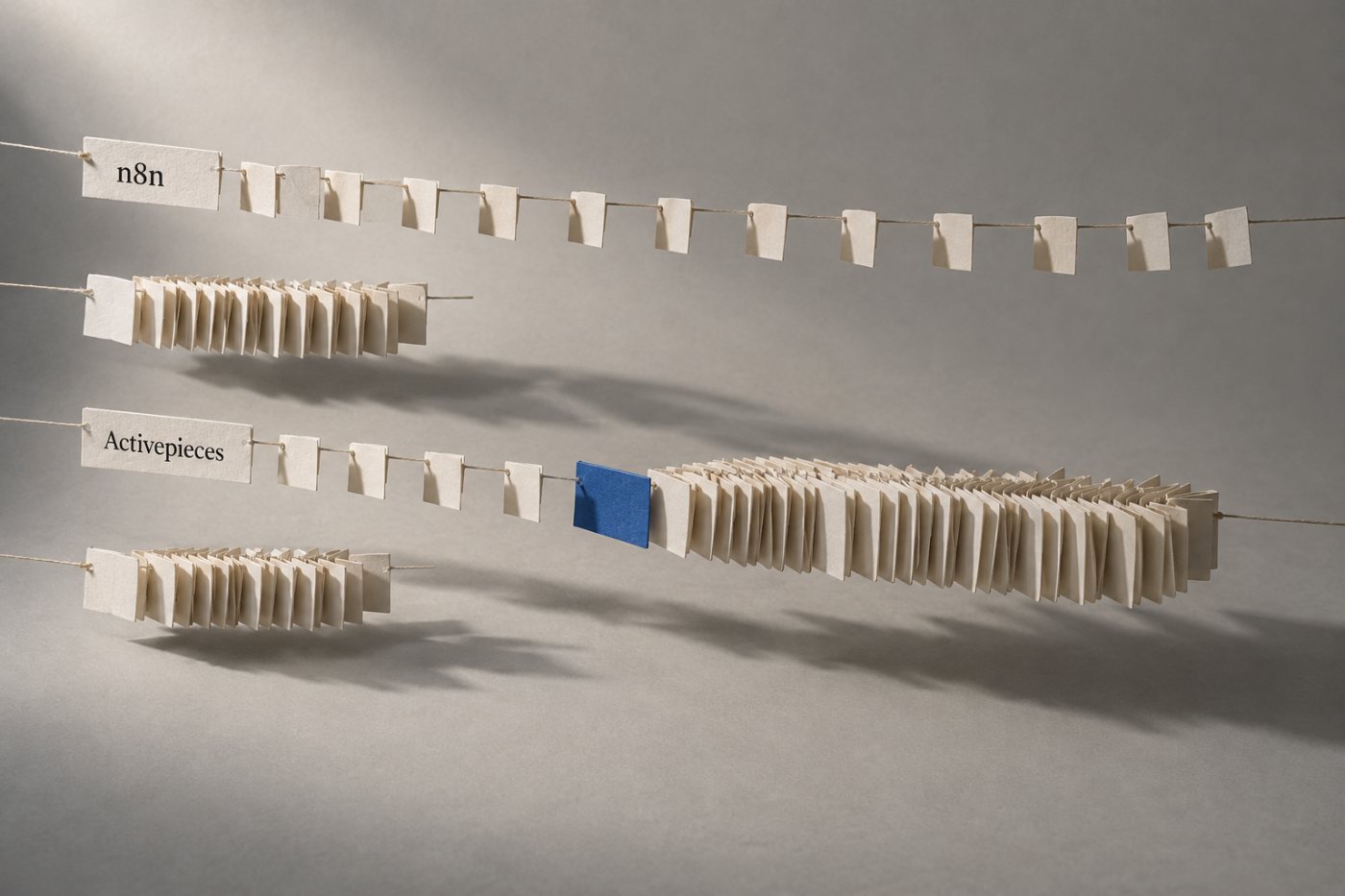 Quatre profils hypothétiques comparent les lancements n8n et les crédits Activepieces selon le volume et l’usage de l’IA.