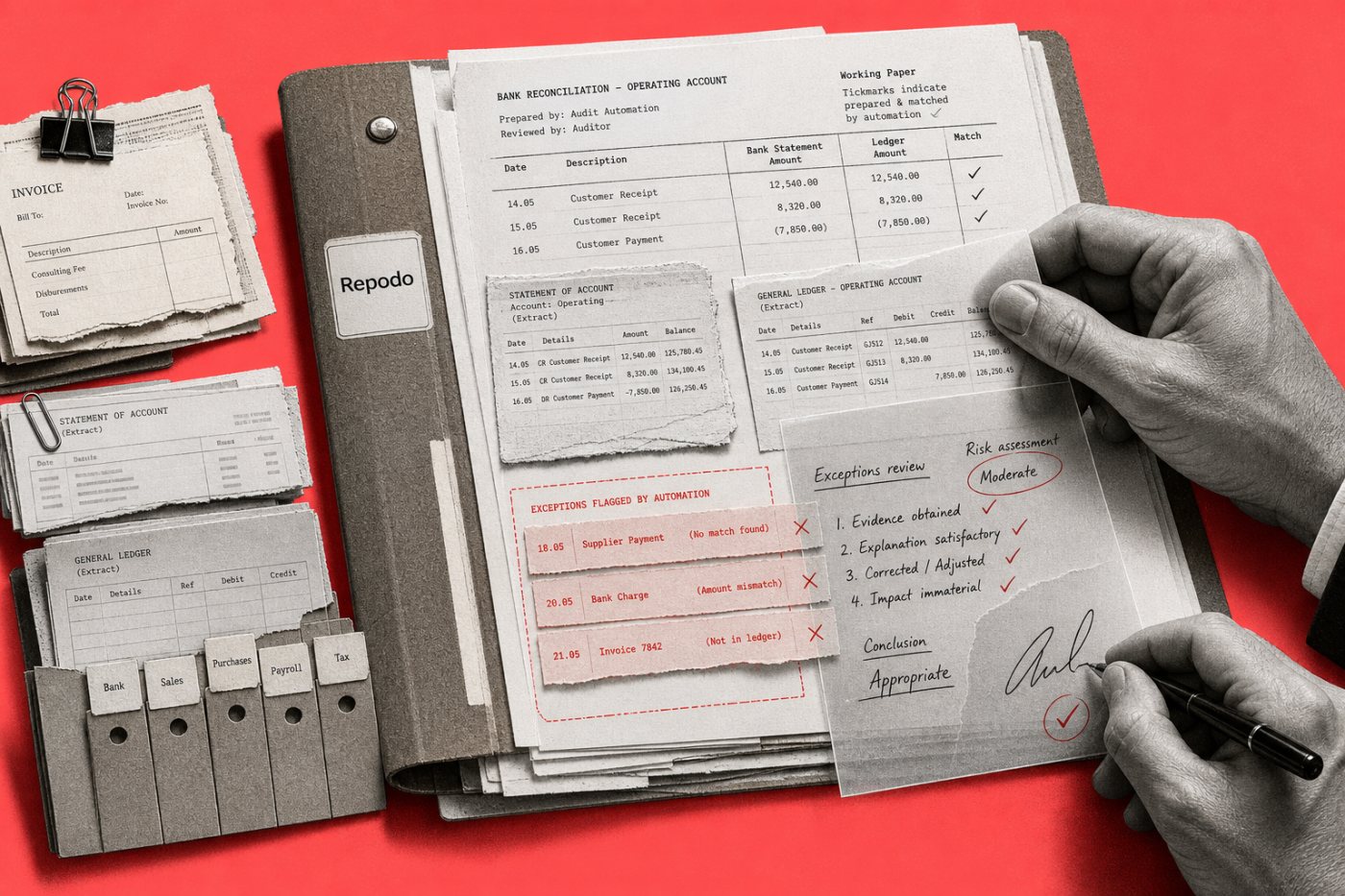 A automação da Repodo prepara documentos, conciliações e exceções, enquanto o auditor assume a avaliação de risco e a aprovação final.