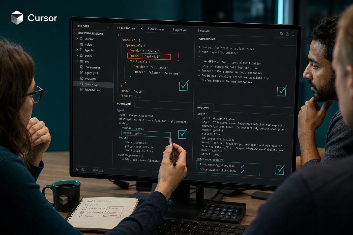 Ein Entwicklungsteam erfasst in einem Cursor-Projekt festgelegte OpenAI-Modelle, Regeln, Agentenabläufe und Prüffälle.
