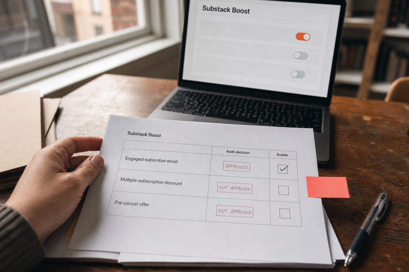 The Substack Boost audit checks master status, offer settings, copy, discounts, audiences and final opt-out state.