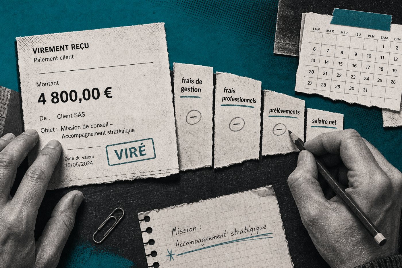 Le paiement du client est ventilé entre frais de gestion, dépenses, prélèvements et salaire net.