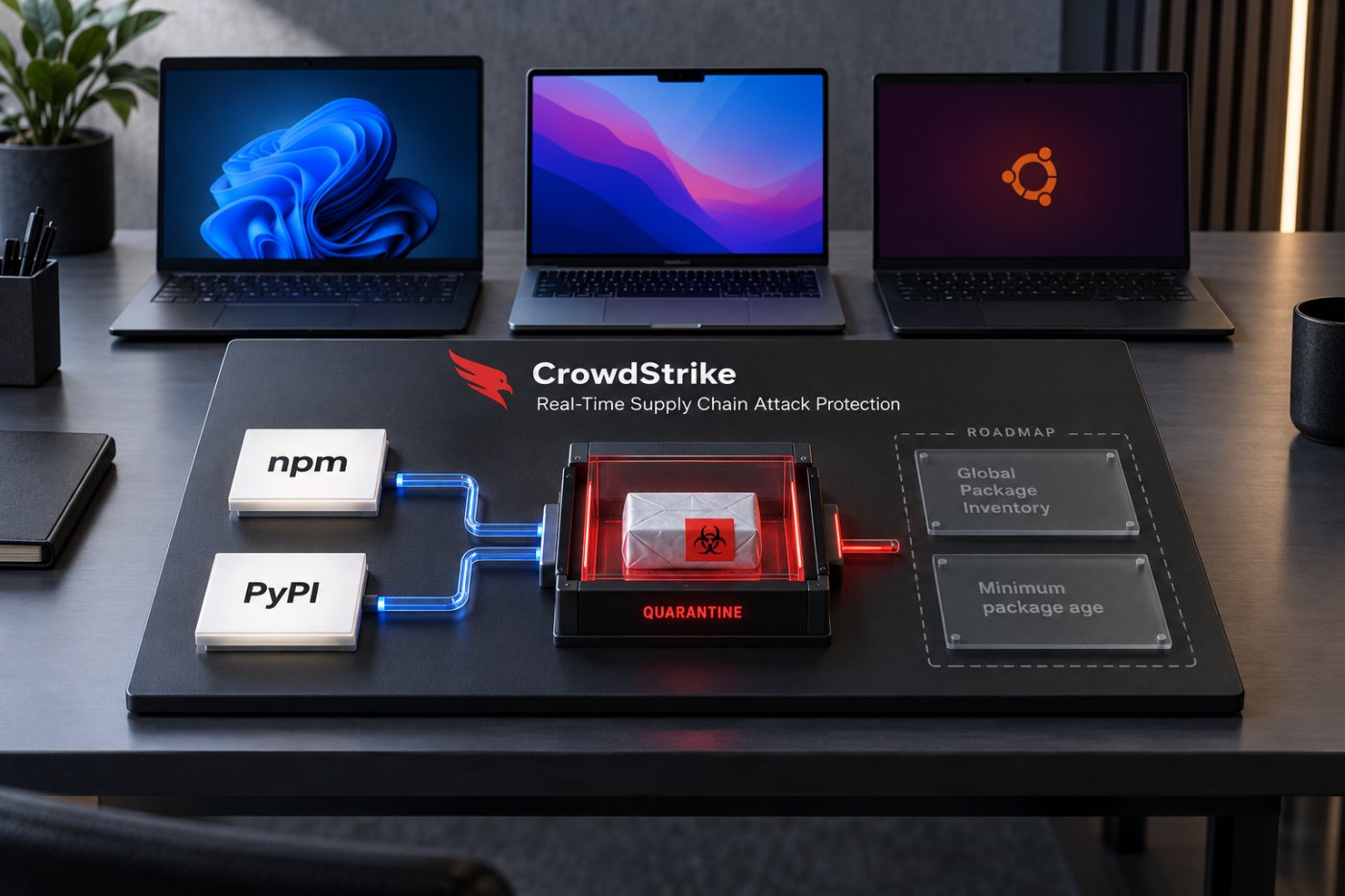 CrowdStrike package protection status separates announced npm and PyPI blocking from Q3 inventory and Q4 cooldown controls.