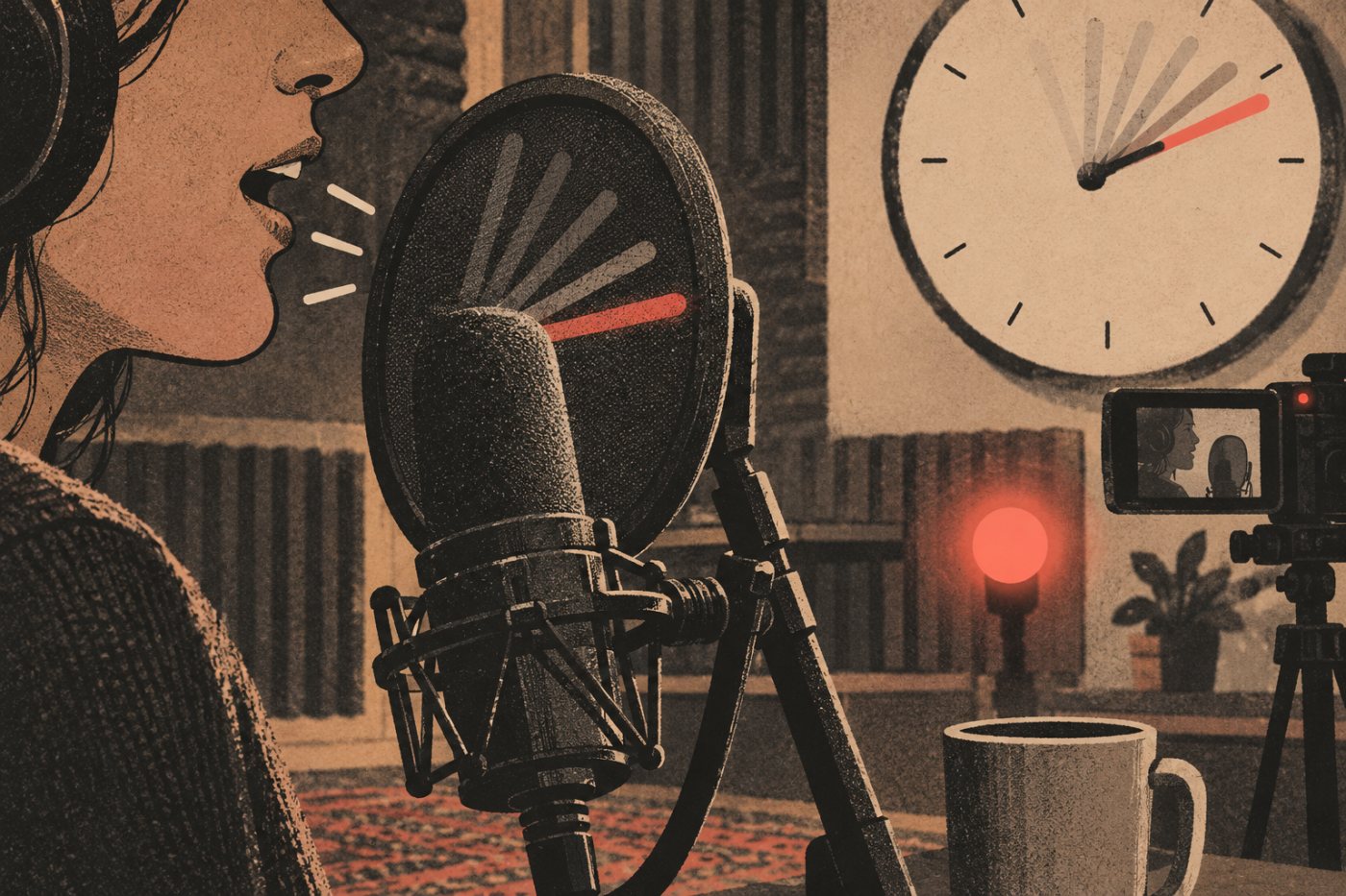 Een lopende podcastopname maakt zichtbaar hoe sessieduur meetelt voor de maandelijkse opname-uren.