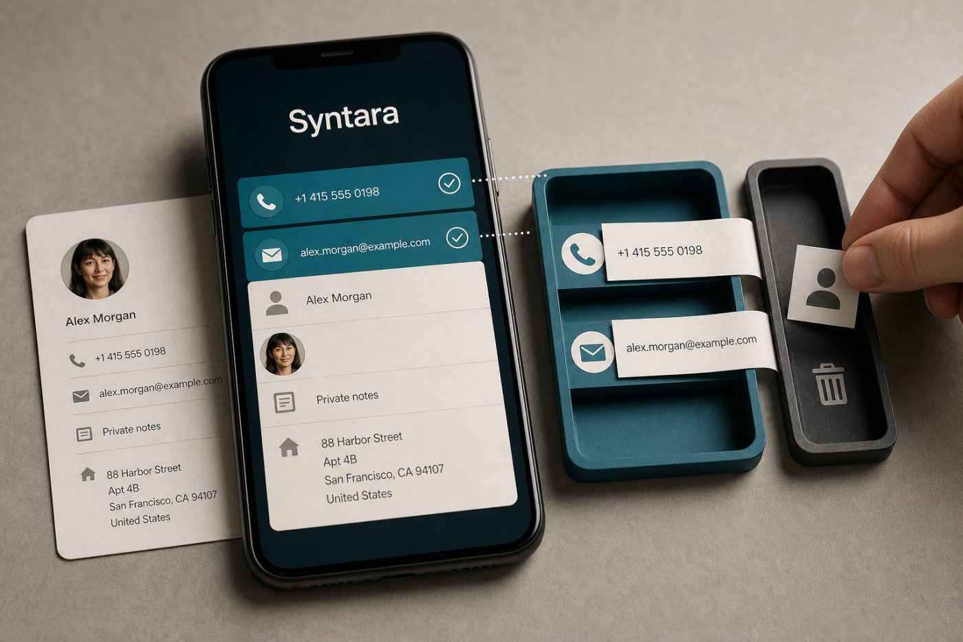Syntara синхронизирует номера и электронную почту после согласия, оставляя остальные поля адресной книги на устройстве.