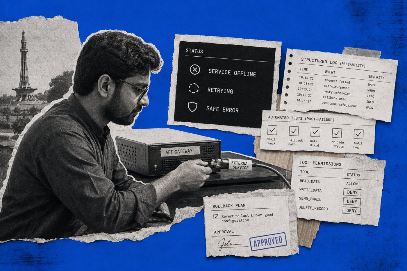 بیرونی service کی خرابی پر controlled error، logs اور محدود permissions دکھاتا production-ready workflow