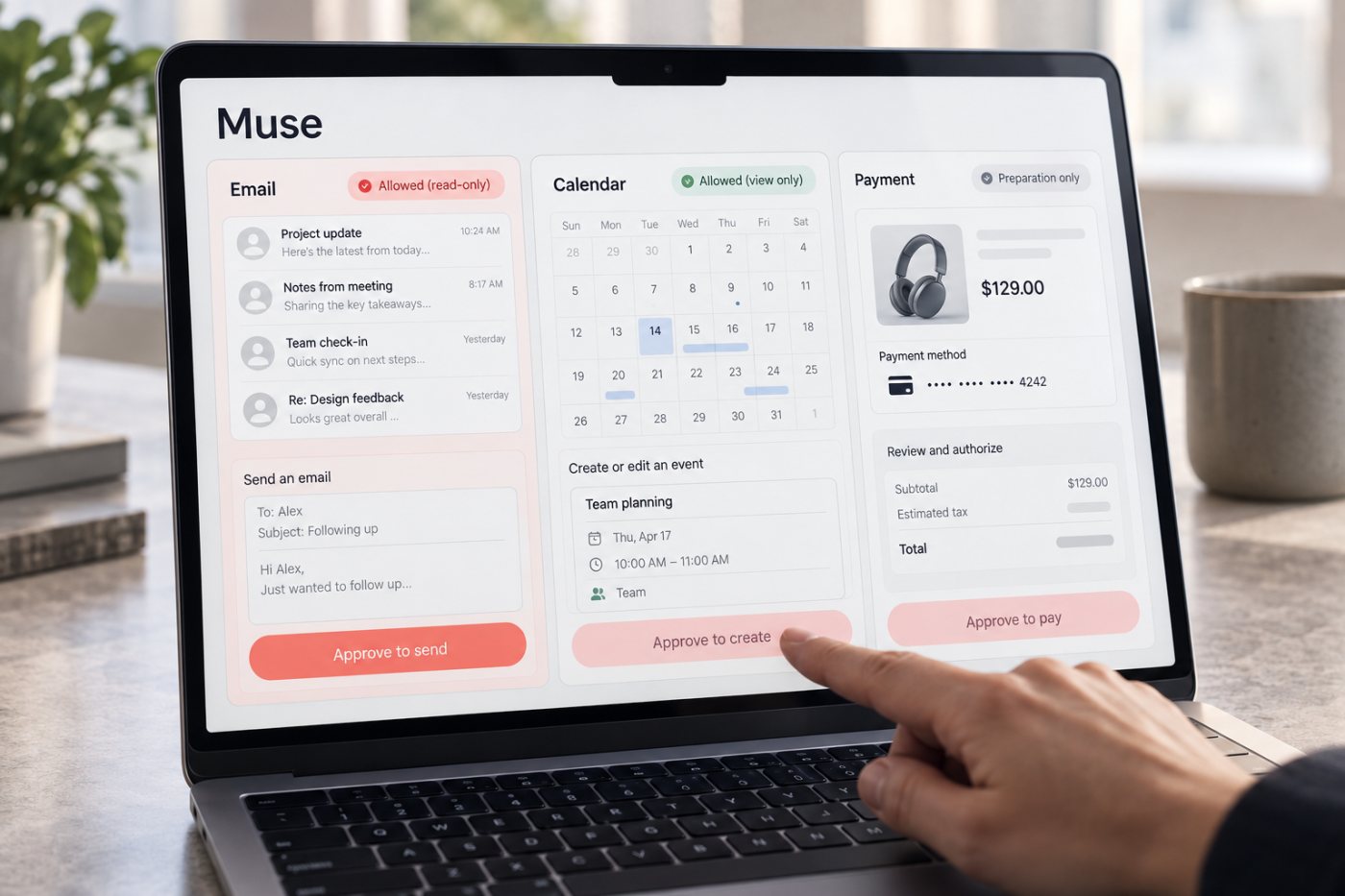 Pemeriksaan izin Muse untuk membaca email, mengirim pesan, mengubah kalender, dan melakukan pembayaran