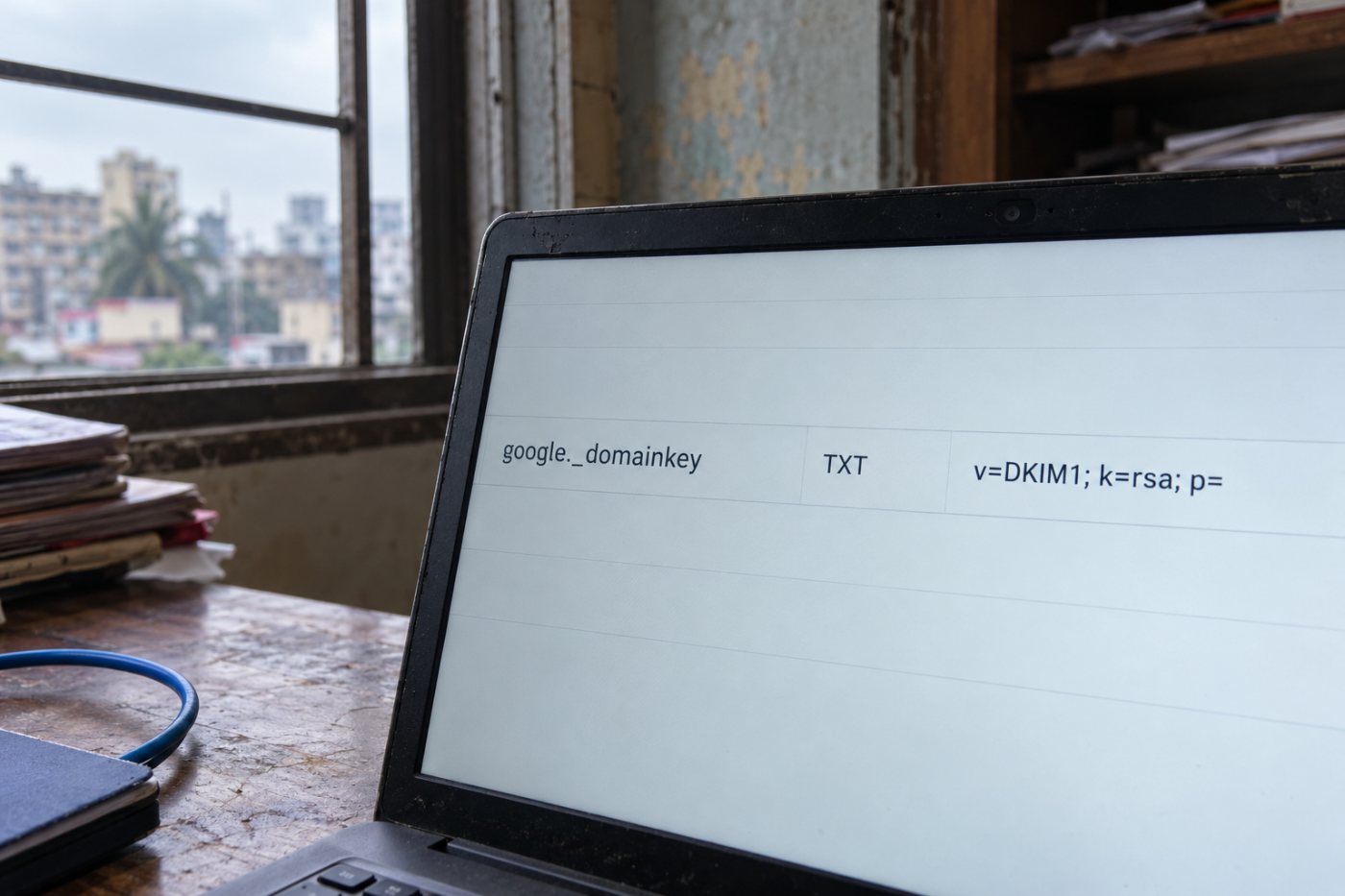 example.com ডোমেইনের DNS-এ google._domainkey নামে DKIM TXT রেকর্ড যোগ করার আগে ও পরের অবস্থা