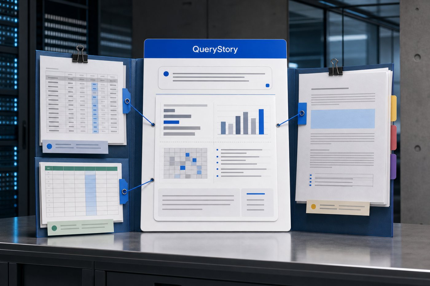 A QueryStory conecta uma pergunta a dados e documentos empresariais, mantendo fontes, definições e permissões junto do resultado.